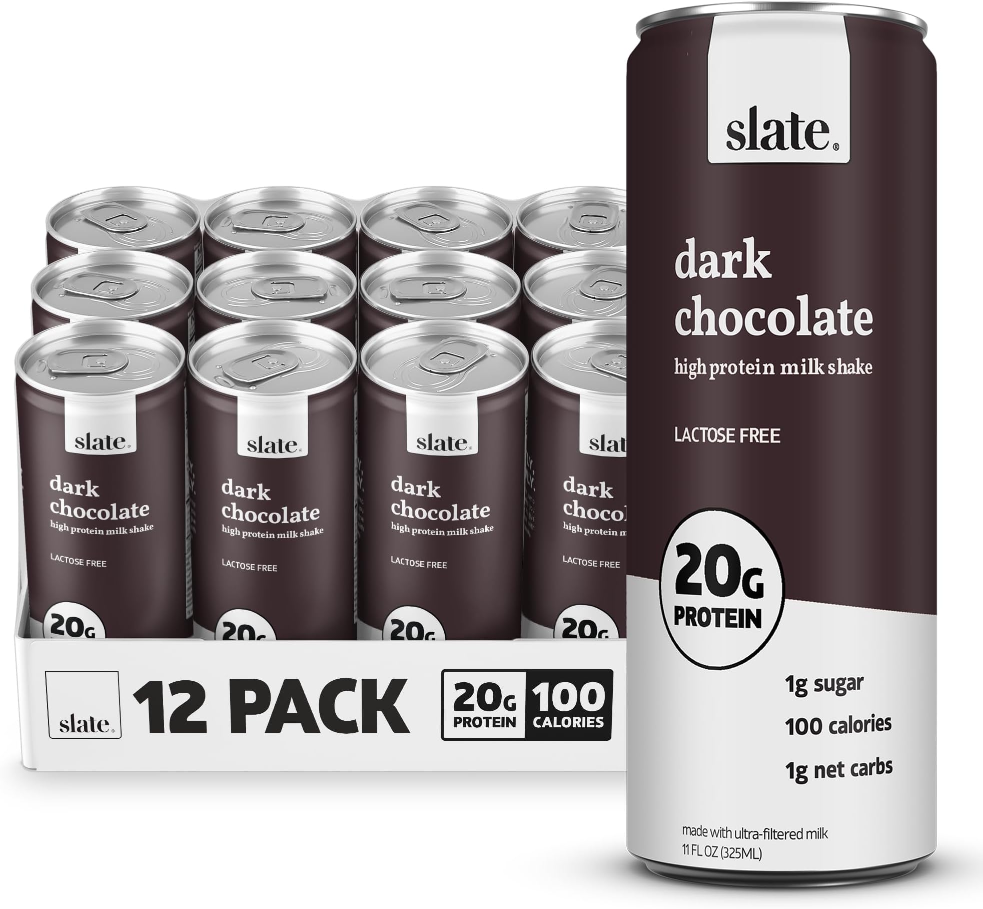 Slate Milk - High Protein Shake, Dark Chocolate, 20g Protein, 0g Added Sugar, Lactose Free, Keto, All Natural (11 oz, 12-Pack)