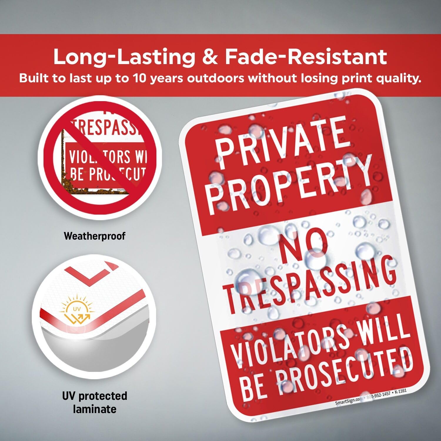 SmartSign Panneau « Private Property - No Trespassing, Violators Prosecuted » en aluminium réfléchissant de haute intensité de 3 m