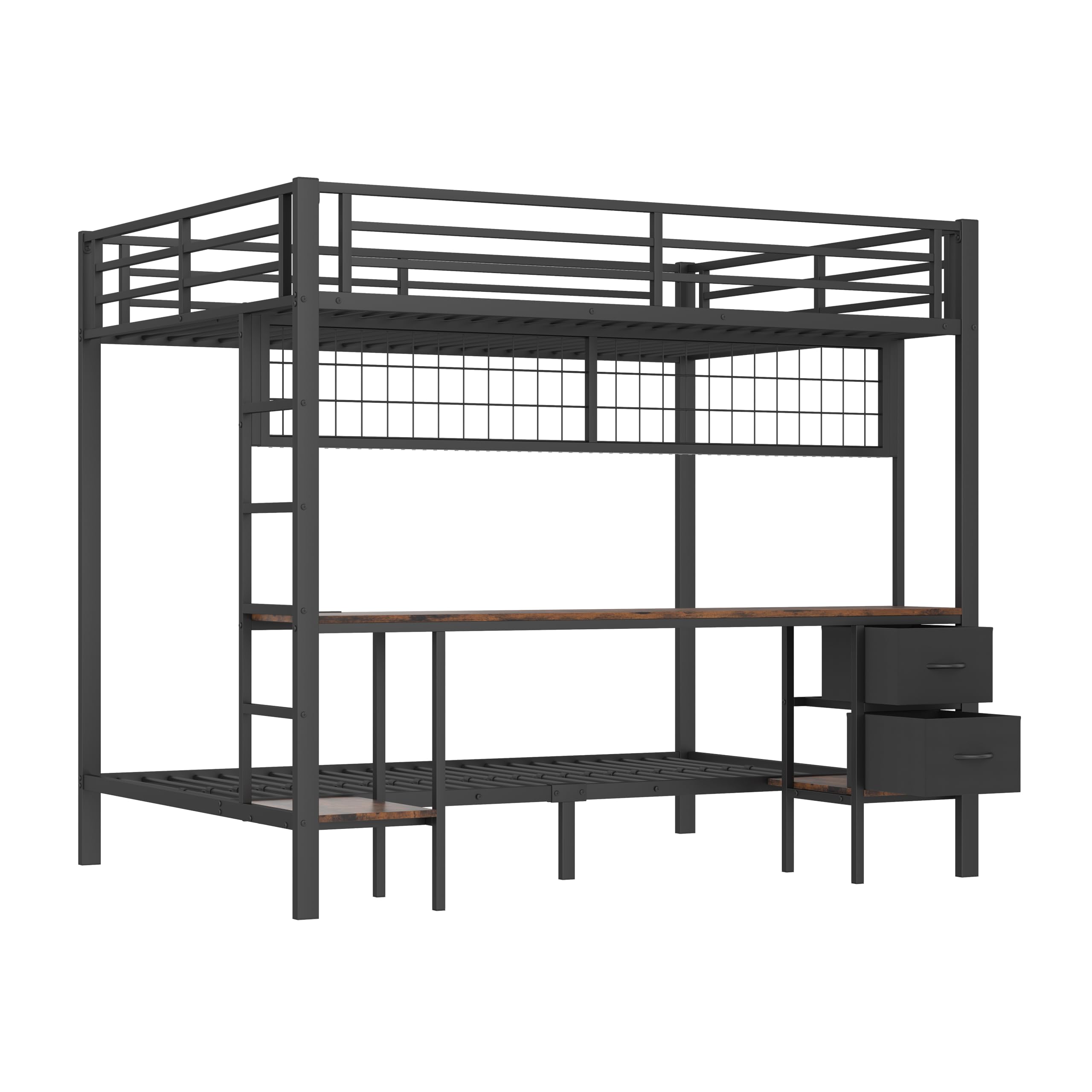 Cama alta con escritorio de 90 x 200 y 140 x 200 cm, litera con iluminación LED, conexiones USB, 2 cajones, estantes y estantes para colgar, estructura de cama de metal, sin colchón (negro)