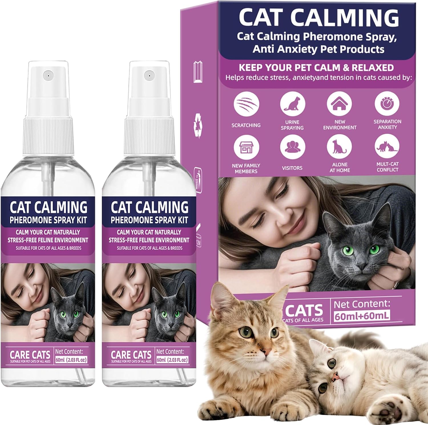 Cat Calming Pheromone Spray Kit Feline Calm Pheromones Vet Recommended Drug-Free Anxiety Relief for Multi-Cat Homes,Stops Scratching & Urine Marking,60-Day Supply | Drug-Free (2) - Amazon product rated Grade B