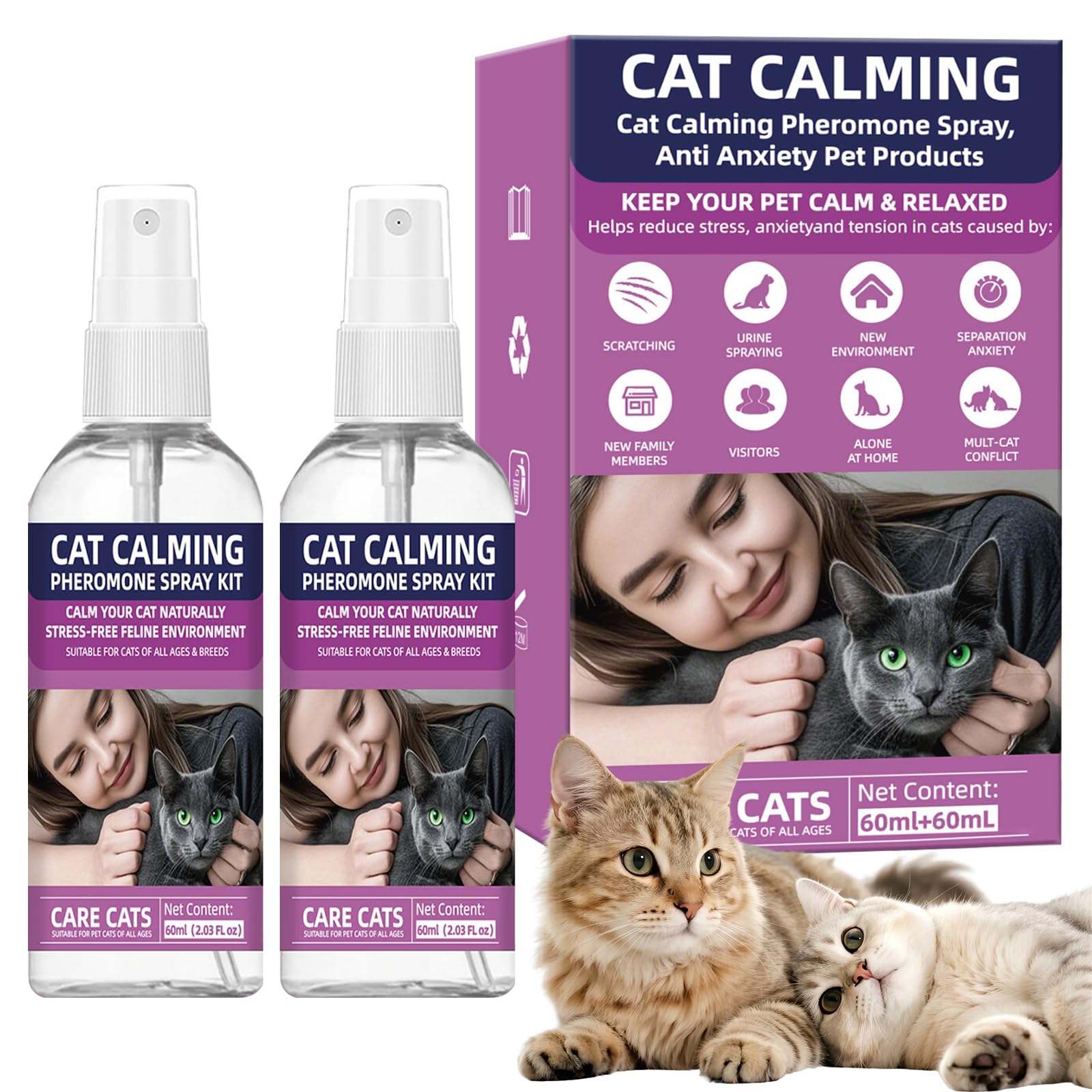 Cat Calming Pheromone Spray Kit Feline Calm Pheromones Vet Recommended Drug-Free Anxiety Relief for Multi-Cat Homes,Stops Scratching & Urine Marking,60-Day Supply | Drug-Free (2)