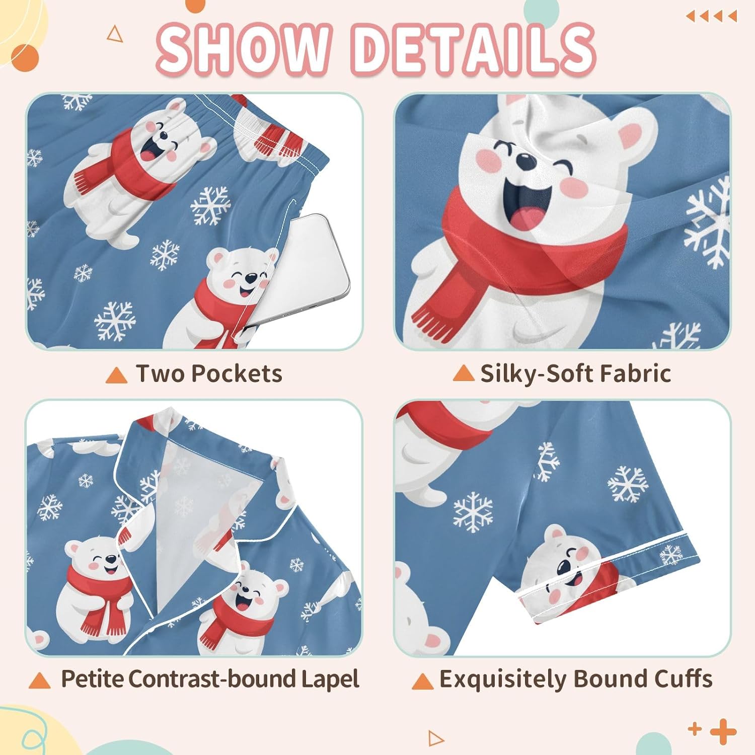 Kids Satin Wear Set Snow Bear Pattern Relaxed Fit Clothing Short Sleeve and Shorts