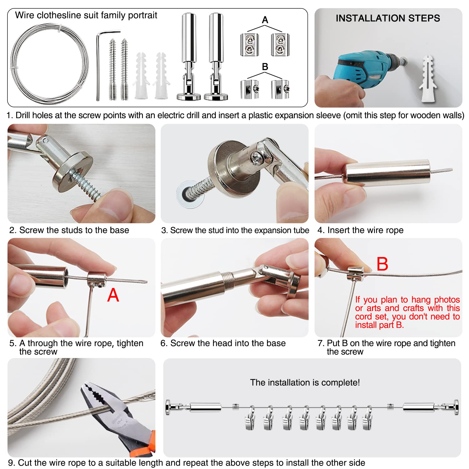 Asta Per Tende In Acciaio Inox 5m Con 24 Clip - Cavo Per Tende, Stendibiancheria O Decorazioni - Foto 6