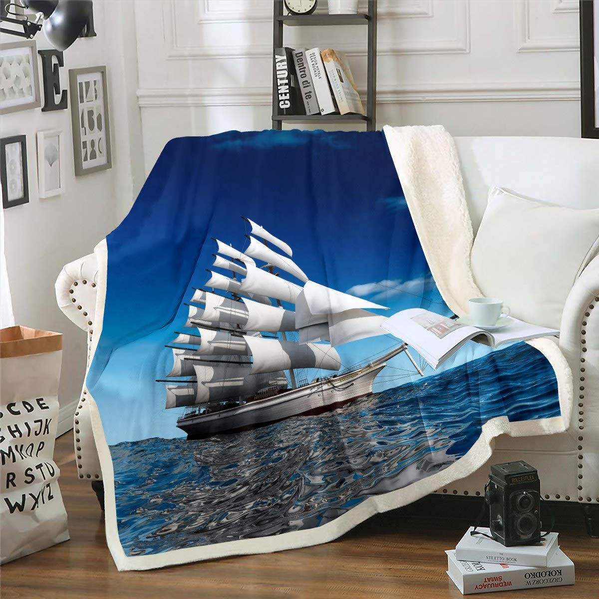 Loussiesd Nautical Blanket for Kids Boys Teens Adults Sailboat Printed Ocean Themed Fleece Blankets Sea Adventure Plush Blanket for Crib Couch Bed Sofa s Single 50"x60"
