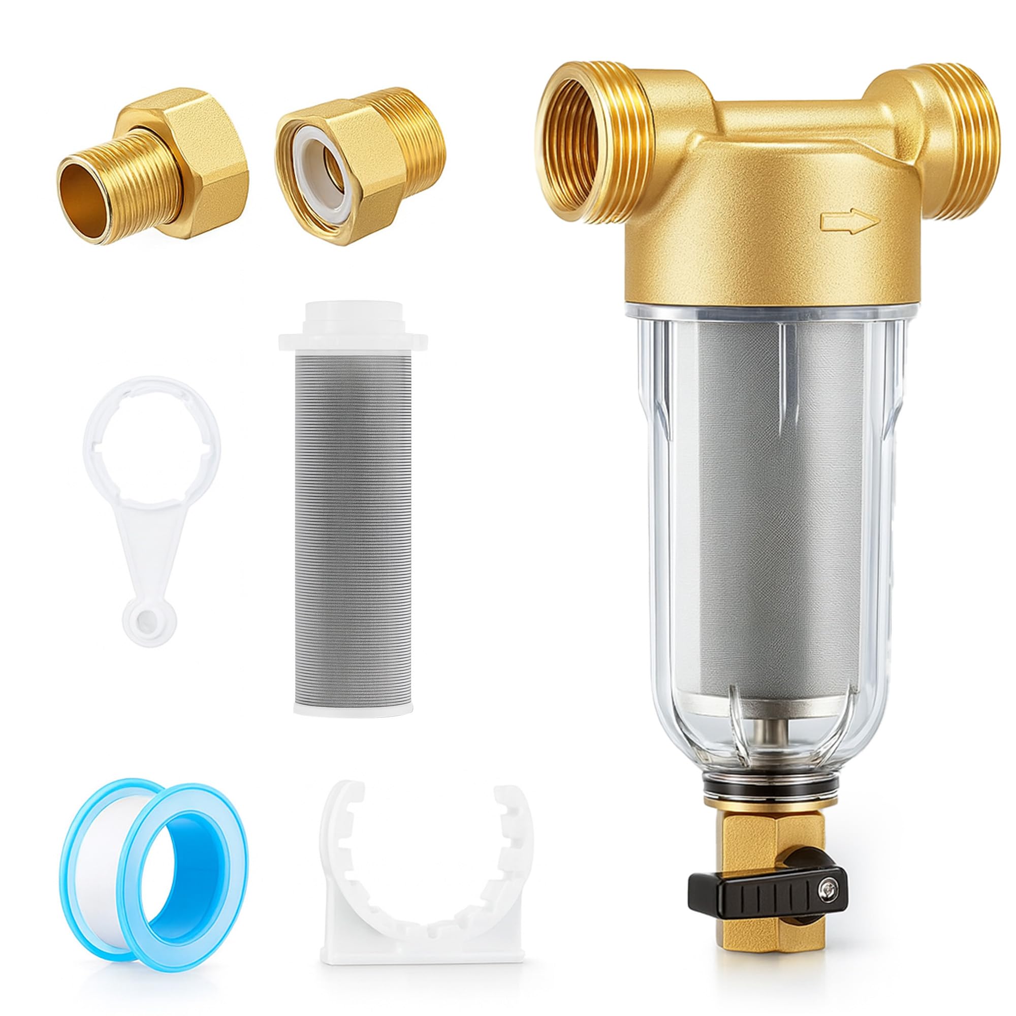 Ausspülbarer Feinfilter mit Adapter: 1"- G3/4" MNPT Wasserhahn Wasserfilter Filterkombination Wiederverwendbare zur Filtration Trinkwasser Brunnenwasserschlauch (1 Zoll)