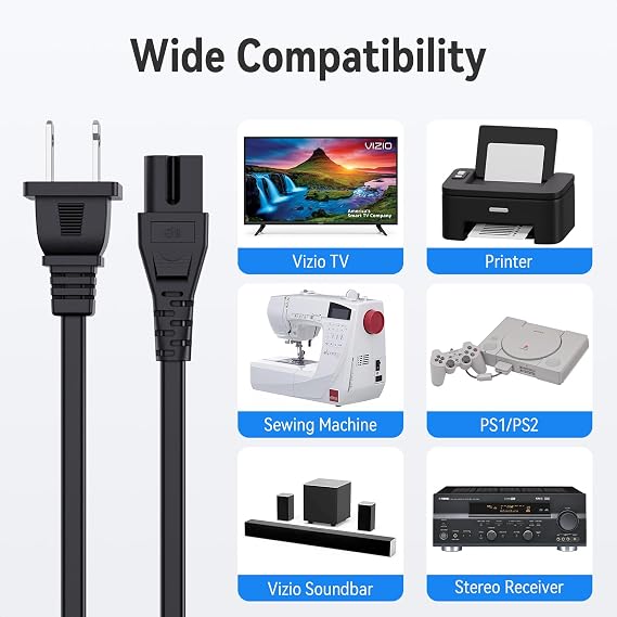 10FT AC Power Cord for Vizio D/E/M Series TV & Soundbar, Replacement 2 Prong Polarized Cable