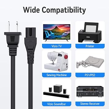 10FT AC Power Cord for Vizio D/E/M Series TV & Soundbar, Replacement 2 Prong Polarized Cable