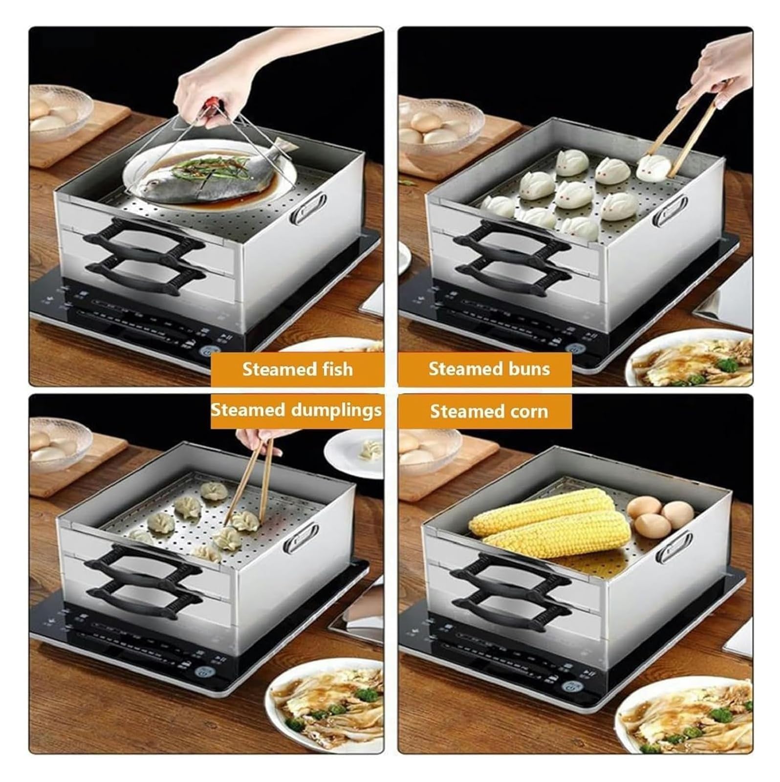 Edelstahl-Reis-Nudel-Dampfgarer, vielseitige Kochpfanne für Herd und Kochfeld, doppellagiges Design für effizientes Kochen