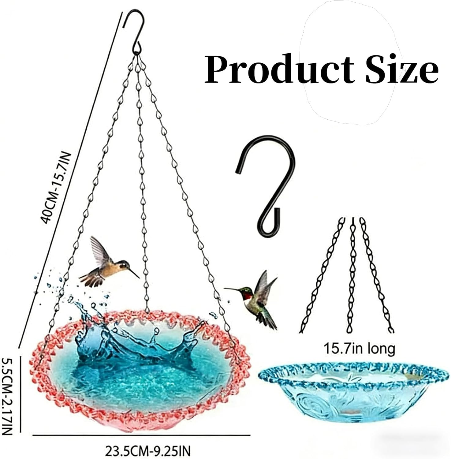 Solar Cascade Hanging Bird Bath Fountain, Outdoor Large Hanging Bird Bath Humming Birds Birdbath with Solar Pump & Glass Bowl Water Bowl to Attract Wild Birds for Backyard Patio Decor