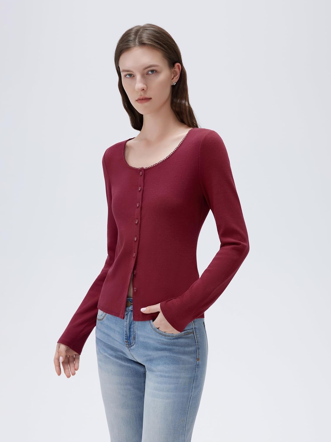 SUUKSESS Women Cotton Ribbed Long Sleeve Tops Button Down Crew Neck Lace Line Going Out Fitted Shirts - Image 3