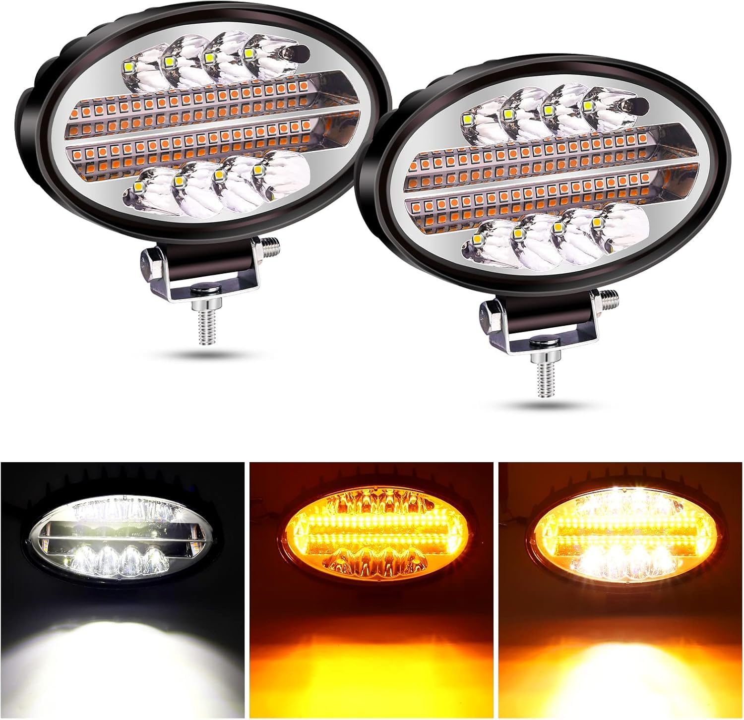 Luci di lavoro a led 144w, fari a led ovali fendinebbia di guida fuoristrada fari impermeabili per trattore pick-up atv, 2 pezzi (modalità lampeggiante, giallo e bianco