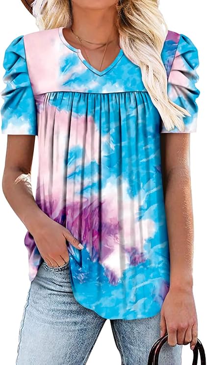 KISSMODA Tops for Womens Summer Cute Short Sleeve Shirts Trendy Notched Neck Blouses Casual Loose Pleated Tunics S-3Xl