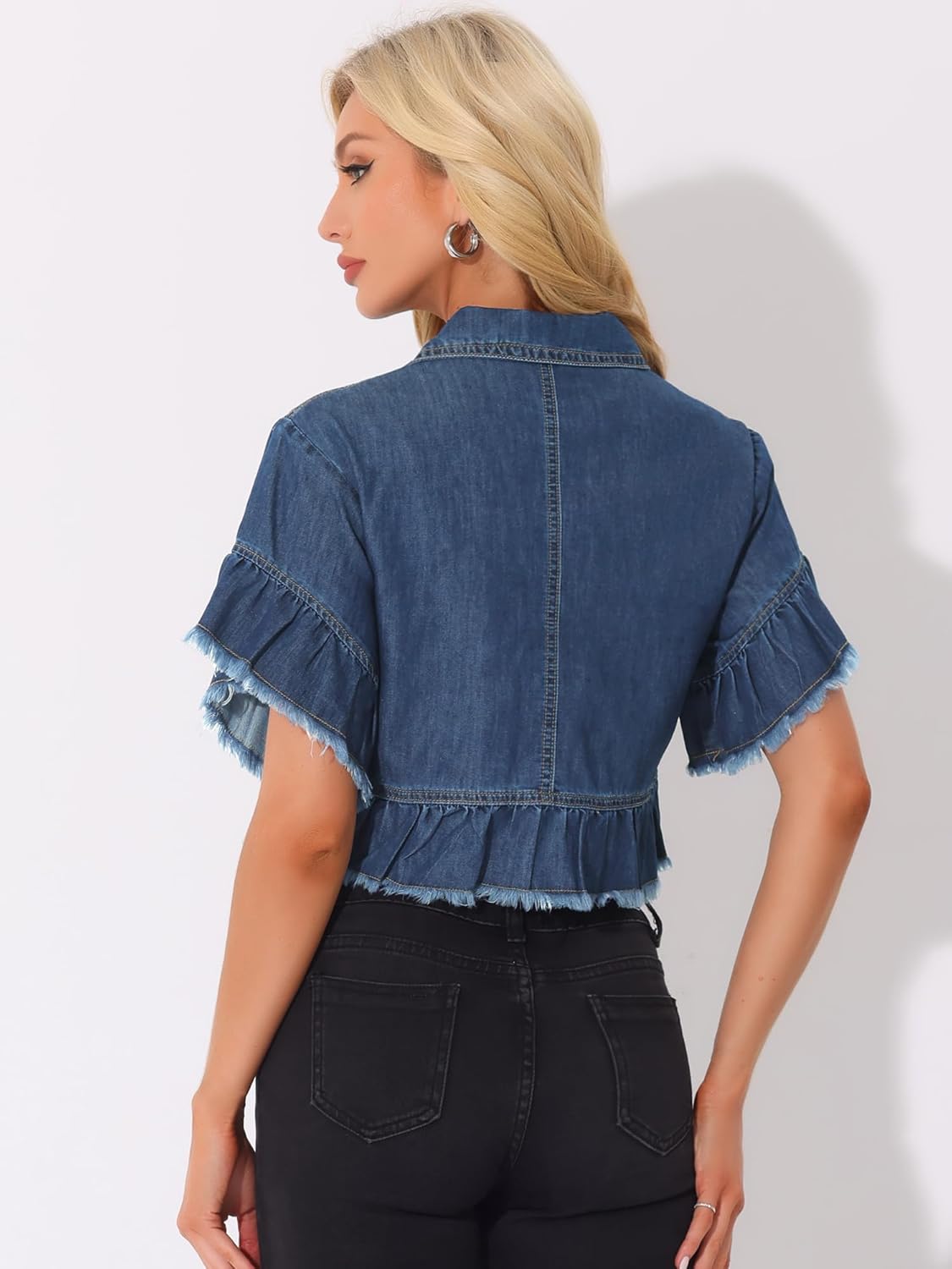 Allegra K Denim Jacket for Women's Button Down Ruffled Short Sleeve Lightweight Peplum Hem Jean Jacket - Image 3