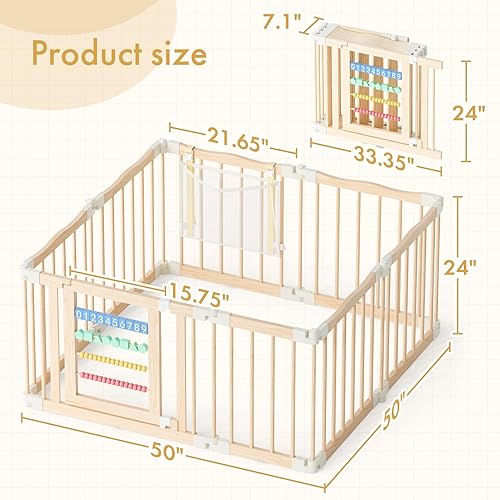 Miniatura 2 de Corralito de madera para bebés de 50 x 50 pulgadas, valla plegable con bonitos bloques digitales y bolsa de almacenamiento de juguetes, puerta de