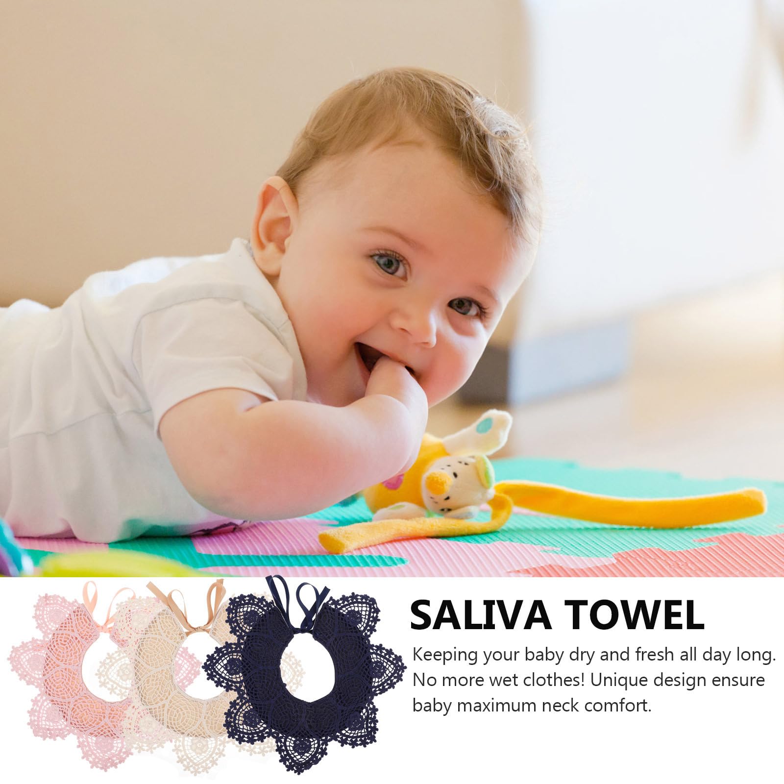 POPETPOP Baberos de Algodón Absorbentes para Bebés Encaje, 3 Piezas, Ideales Dentición y Toallas de Saliva para Uso Diario