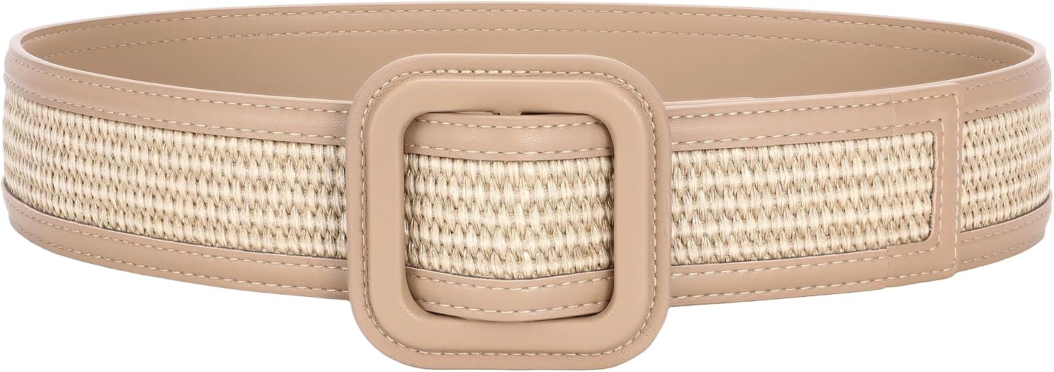 TRIWORKS Straw Woven Belts for Women Wide Waist Leather Boho Briaded Belt No‑Hole Adjustable for Dresses