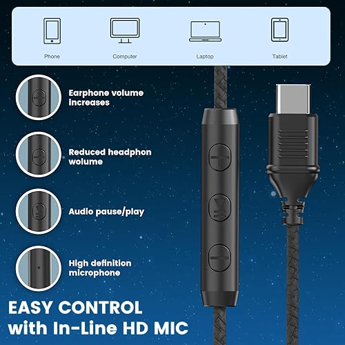 Miniatura 5 de Auriculares USB C con cable, auriculares USB C con cable con micrófono, control de volumen, sonido estéreo HD, auriculares USB tipo C plegables para