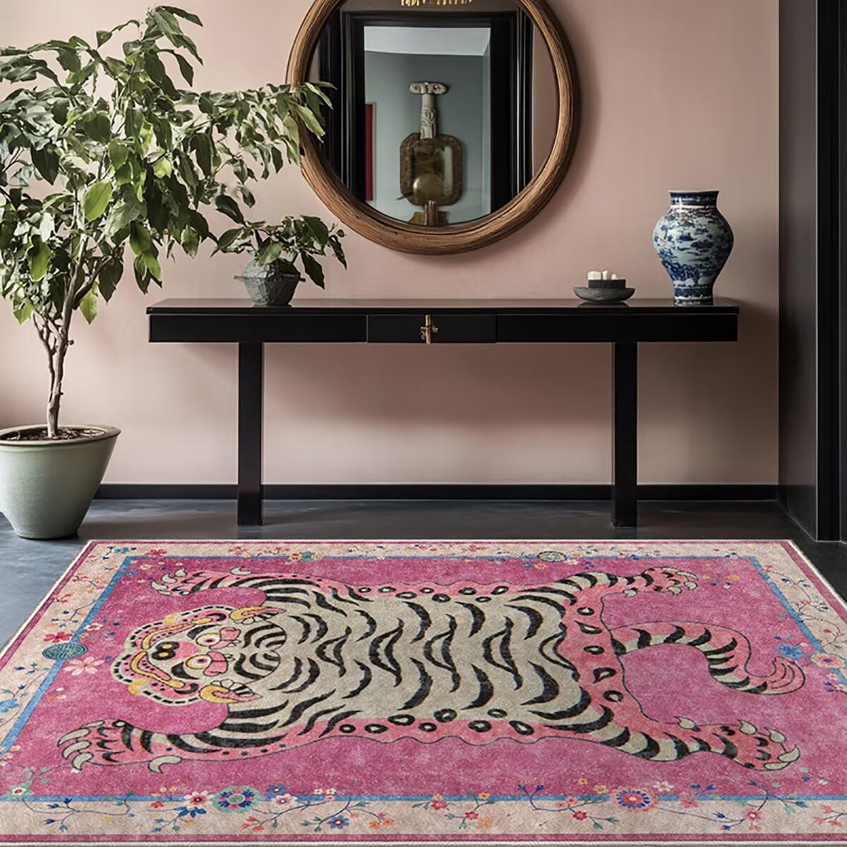 Tapis lavable poils bas tigre tibétain rose pour chambre et entretien facile