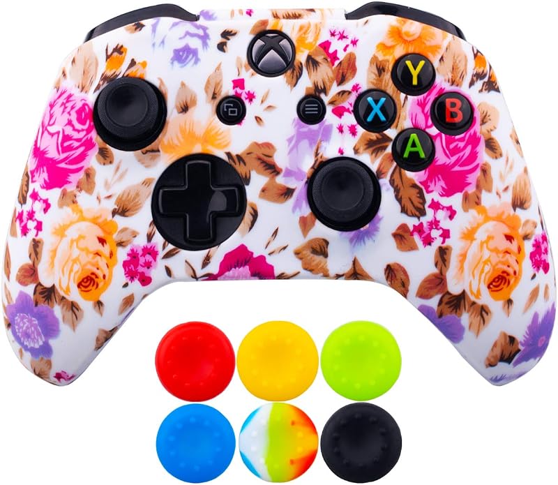 9CDeer 1 x Silicone Trasferimento Stampare Protettivo Copertina Skin + 6 Thumb Grips e Tappi Antipolvere per Controller Xbox One/S/X Fiori rosa
