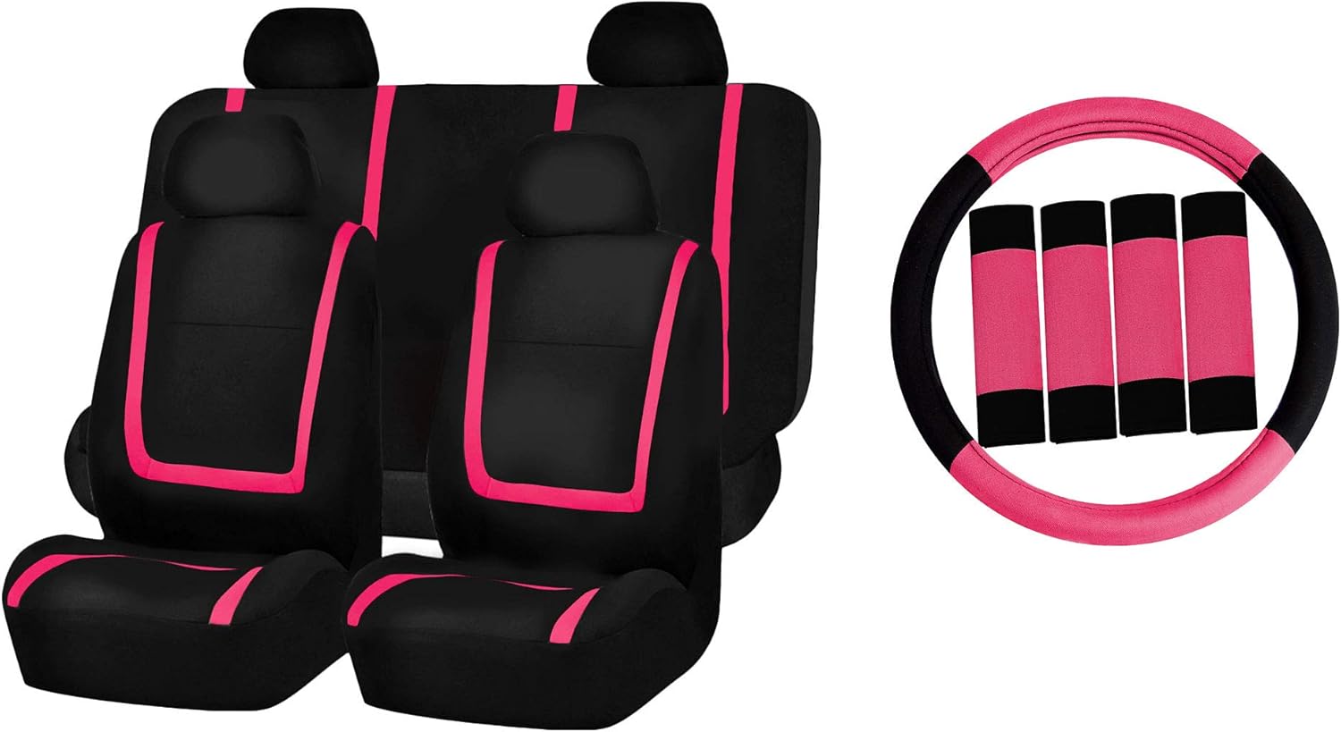 FH Group Automotive Seat Covers Unique Flat Cloth Orange Full Set, Combo Steering Wheel Cover and Seat Belt Pads Rear Solid Bench Universal Fit for Vans Cars Trucks and SUV Interior Accessories