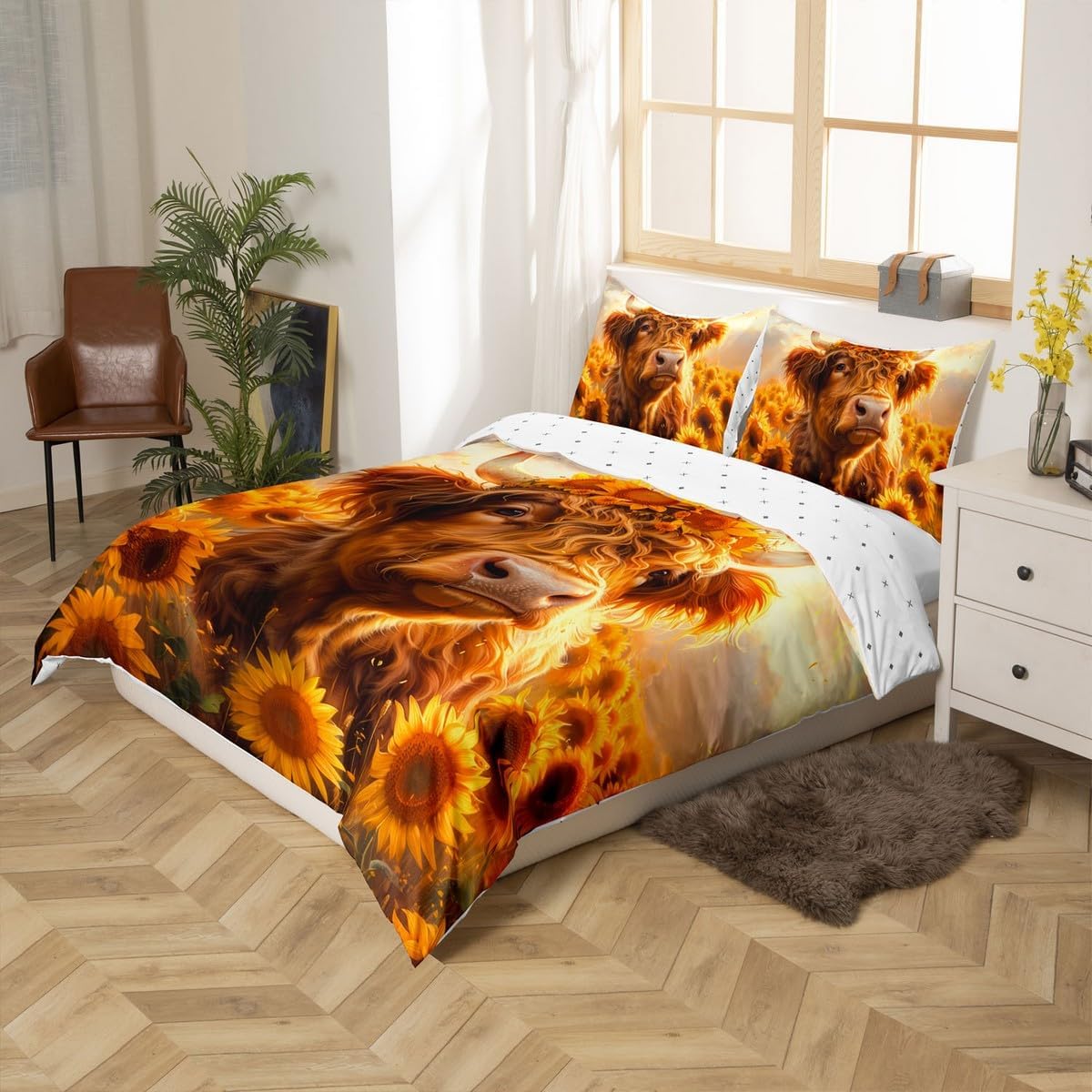 jejeloiu Kids Highland Cow Bedding Set Toddler Size,Western Farmhouse Animals Cow Duvet Cover Set,Sunflower Cow Comforter Cover,Highland Cow Quilt Cover,No Comforter