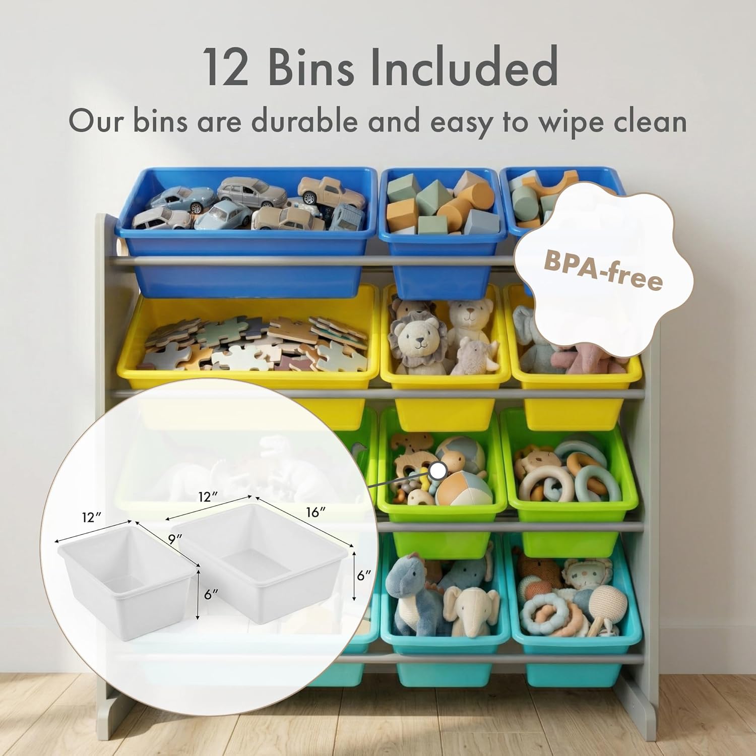 Humble Crew Toy Storage Organizer with 12 Removable Storage Bins for Kids Playroom, 4-Tier Toddler Toy Organization, Grey/Blue/Green/Yellow