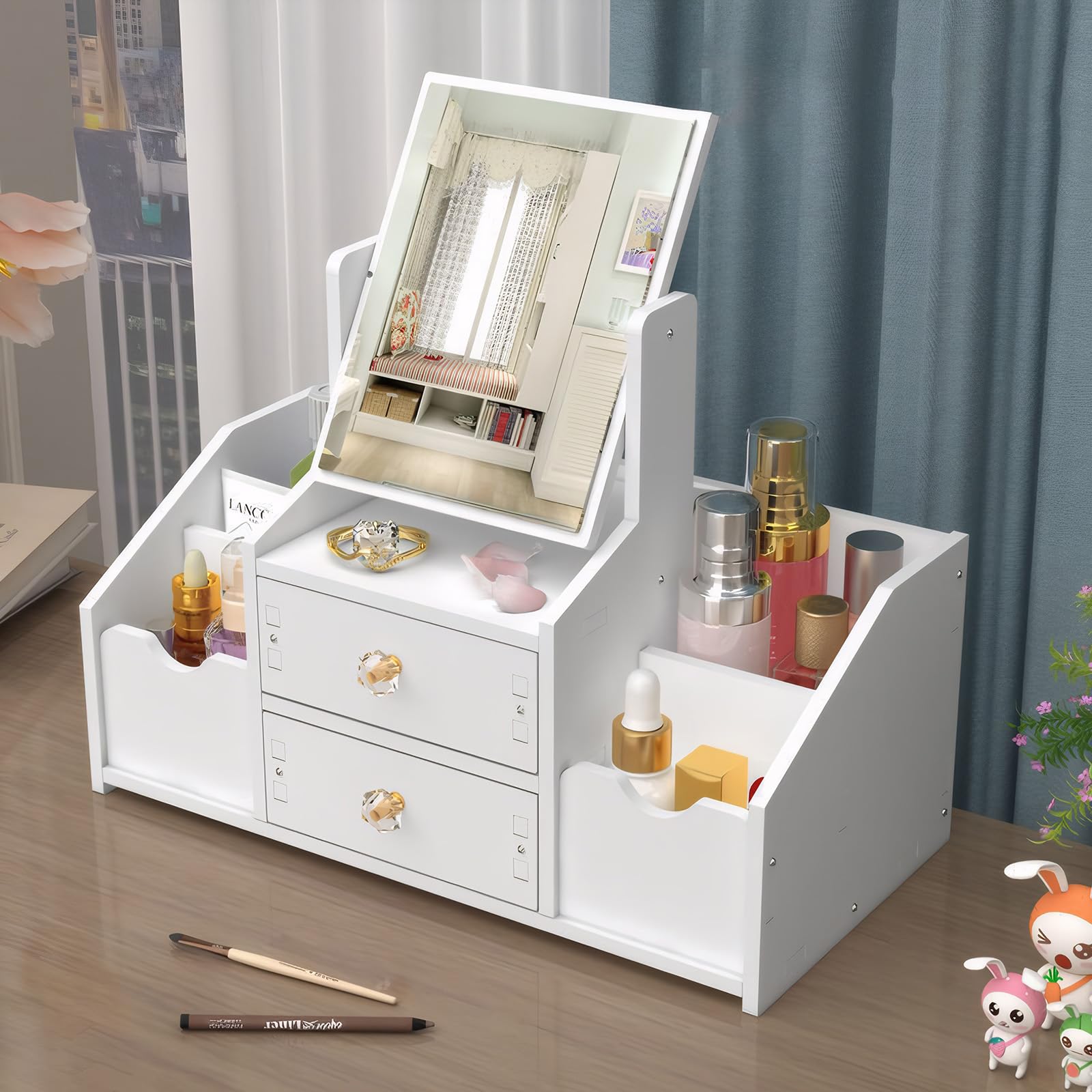 Skupro Makeup Organiser with Mirror, White Plastic Cosmetic Organiser with Drawers - Image 2