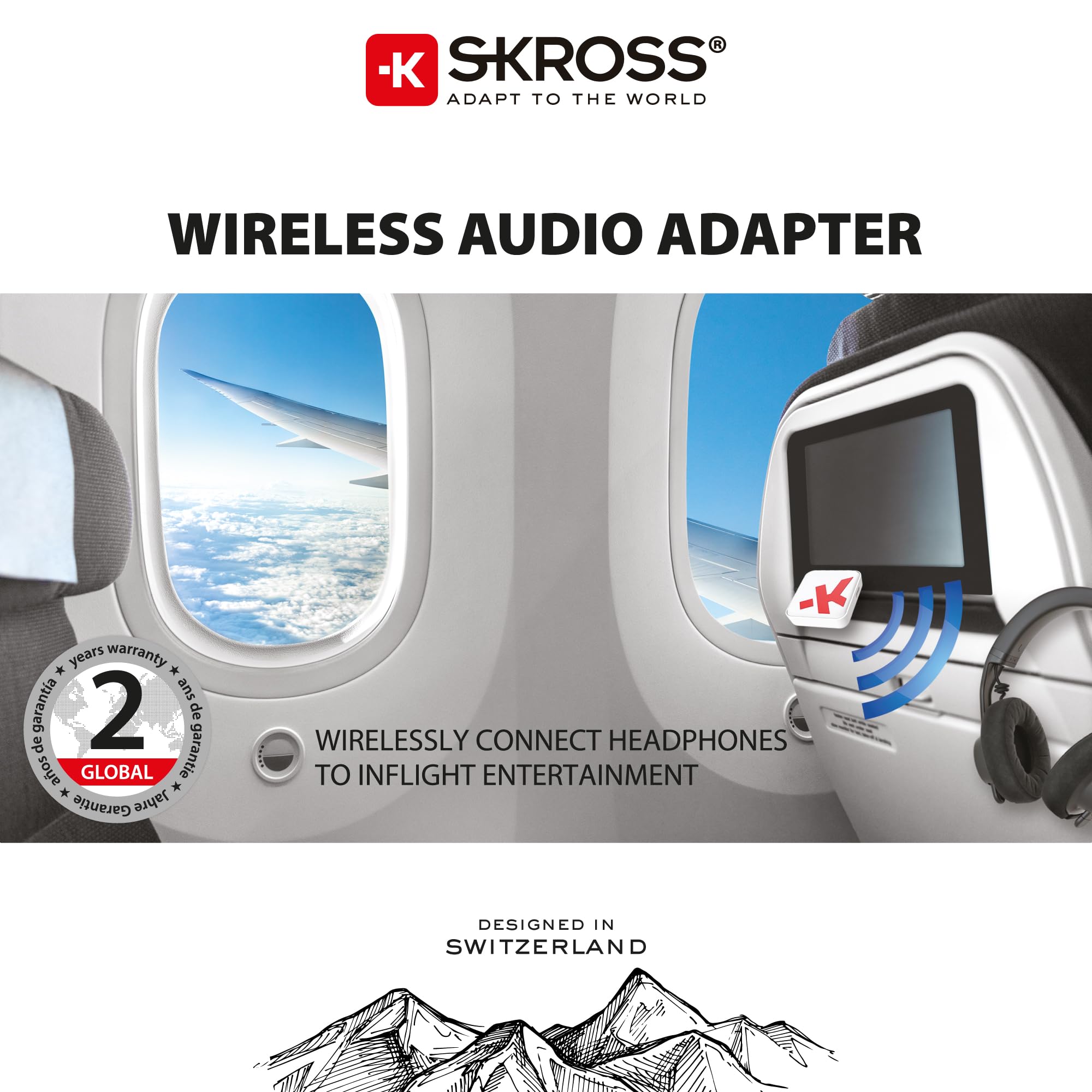 SKROSS - Adaptateur Audio sans Fil - Connecte des écouteurs aux Divertissements en Vol, à la Télévision, aux Ordinateurs, aux Voitures, aux Machines de Gym - Autonomie de 20 Heures - Portée de 10 MT.