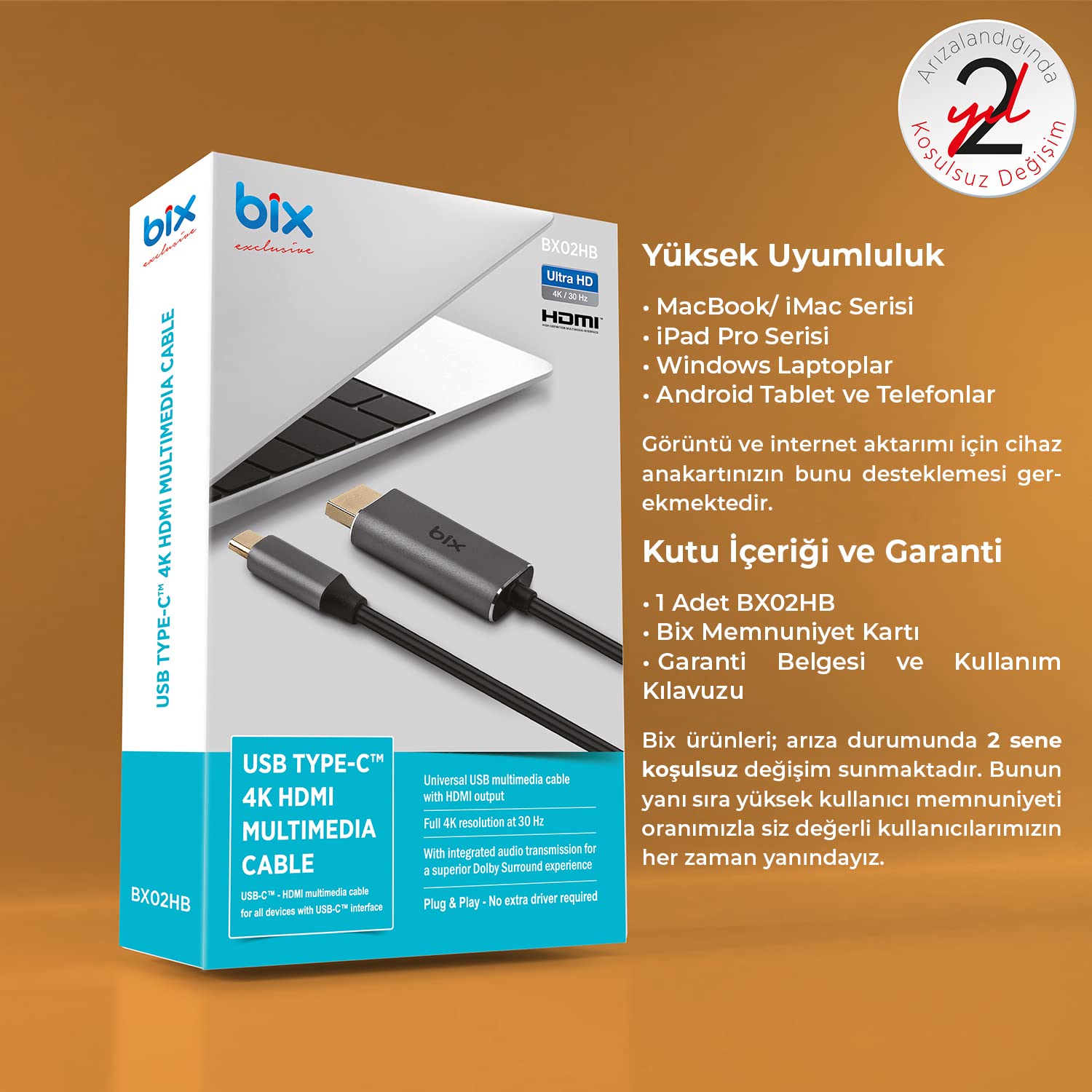 Bix BX02HB USB-C to 4K@30Hz HDMI Kablo 1.8 metre Windows Mac Android Uyumlu HDCP Destekli Gri