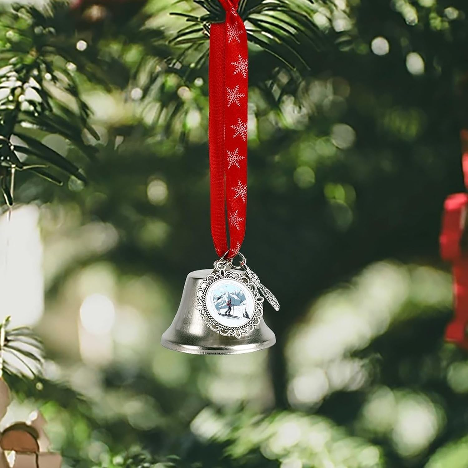 Skiing Theme Bell Ornament Red Ribbon for Christmas Tree Holiday Decoration Personality Believe Bell Ornaments Sleigh Bells for Winter New Year Party Supplies