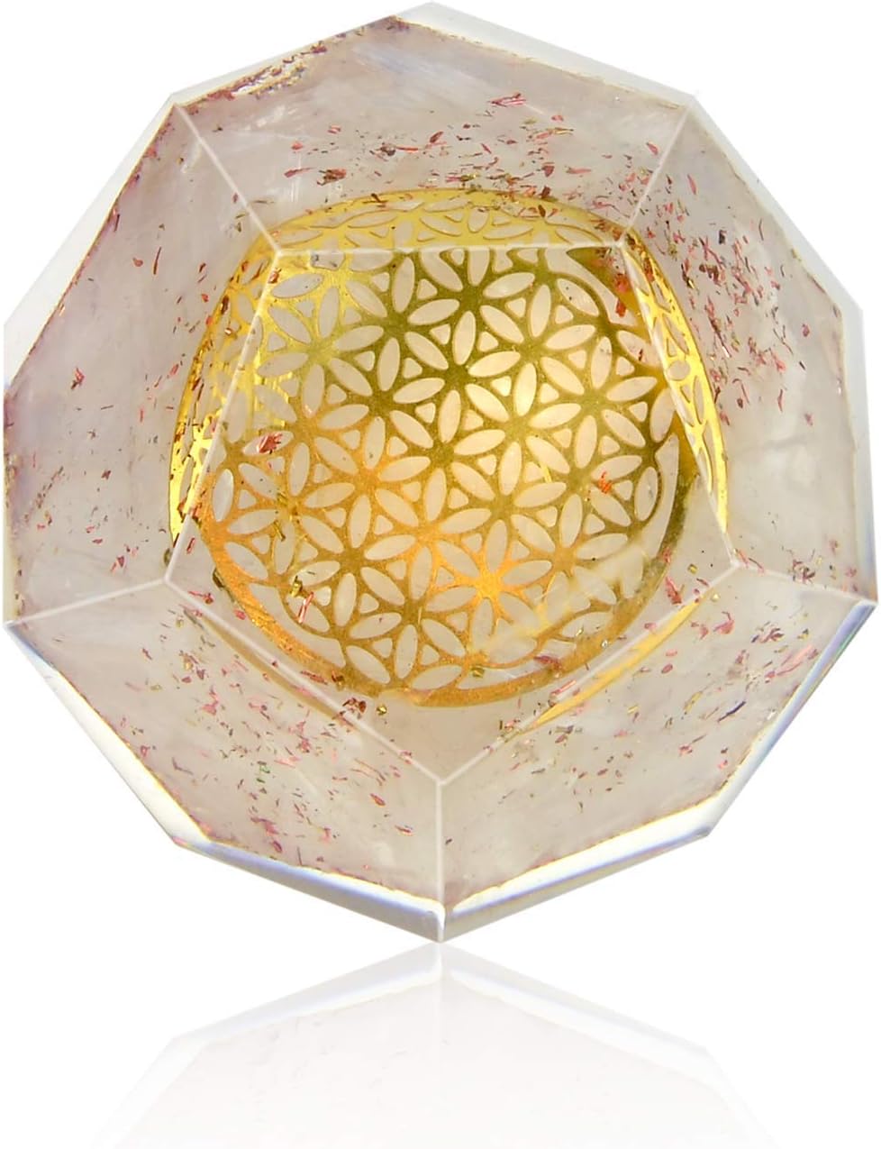 Selenite Dodecahedron - Orgone Energy Generator Healing Chakra Stone with Flower of Life Design for Spiritual Balance, Meditation, Yoga, Reiki, Office and Home Décor