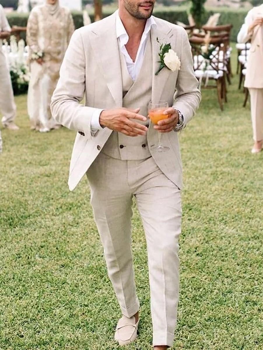 Completo da uomo in lino, stile casual, 3 pezzi, vestibilità regolare, giacca, gilet e pantaloni, per ballo di fine anno e matrimonio