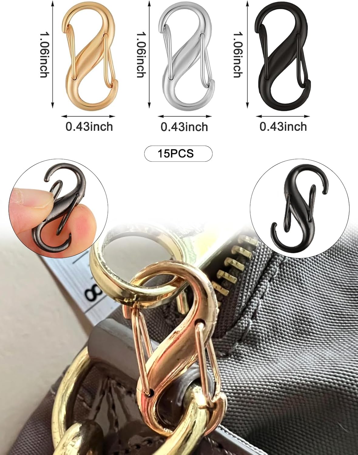 15 Pcs Zipper Locks Anti Theft, Backpack Luggage Zipper Locks,Small Double Opening Spring Clips for Travel Camping Fishing, 3 Color-Gold, Silver, and Black