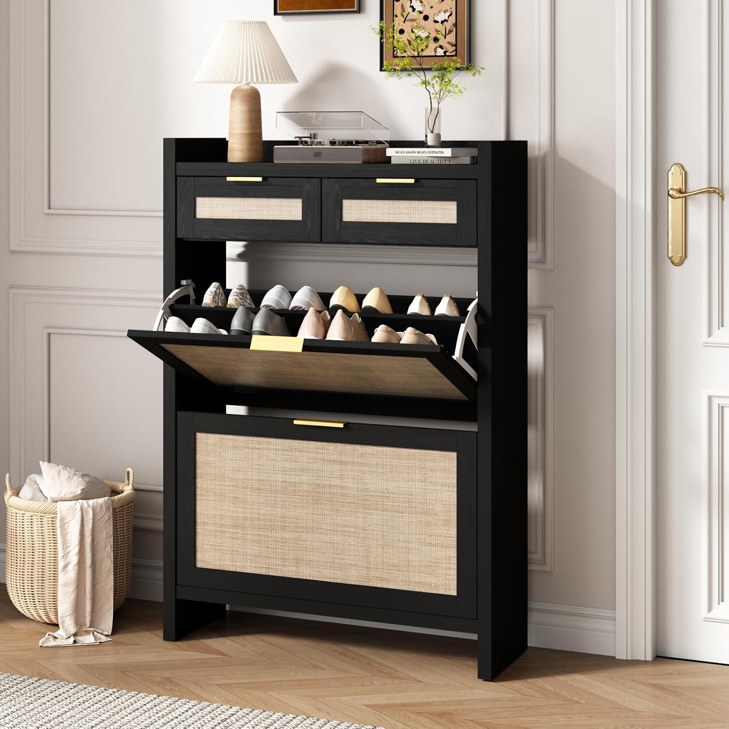 HOKYHOKY Rattan Shoe Storage Cabinet with 2 Drawers & 2 Flip Drawers – Hidden Slim Shoe Organizer for Entryway, Large Tabletop Space, Farmhouse Boho Narrow Shoe Rack, Rustic Black