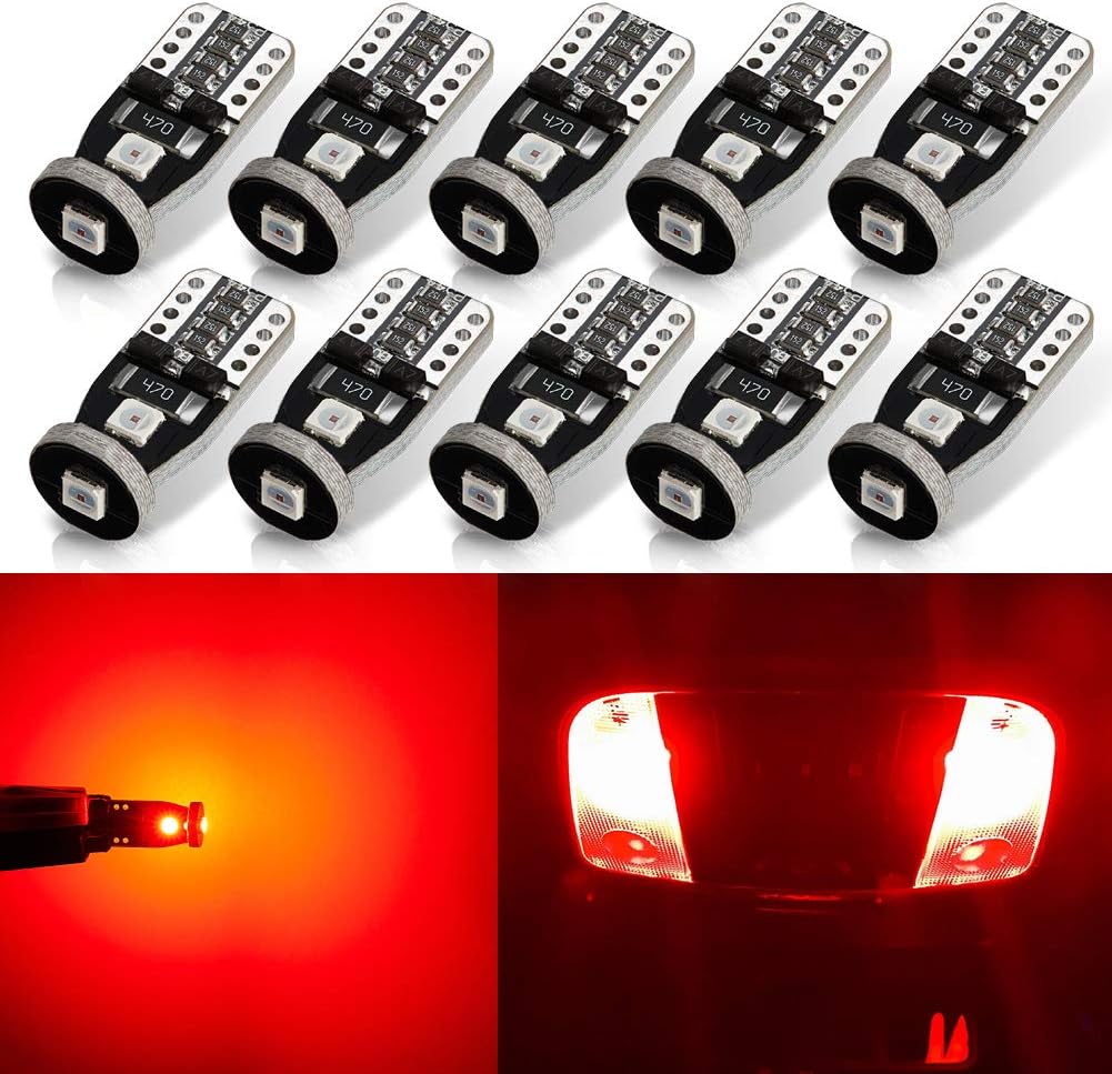 10pcs Error Free 194 168 175 2825 W5W T10 LED Bulbs Brilliant Red Super Bright 3030 Chipset for Interior Dome Map Door Courtesy Trunk License Plate Lights