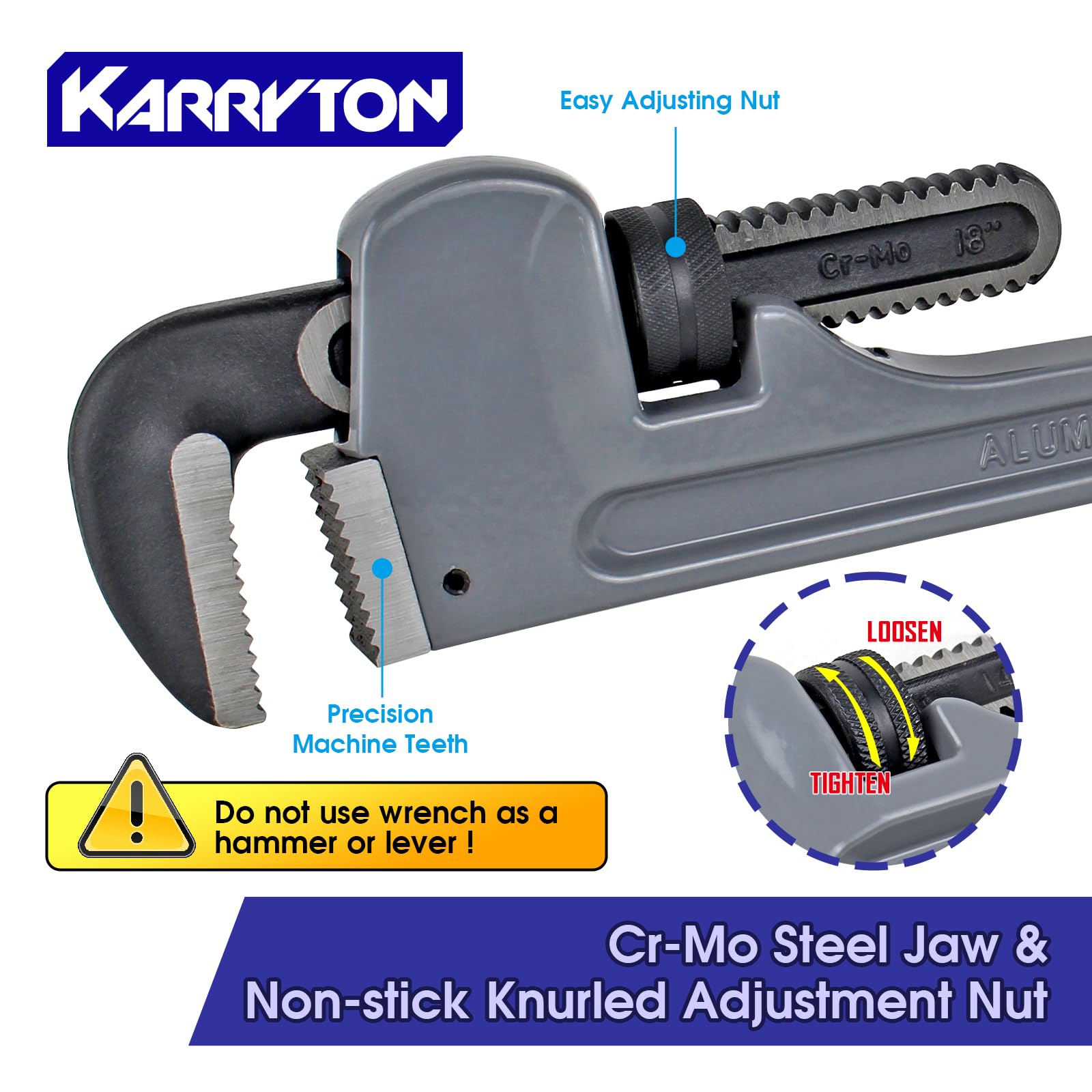 Llave de tubo de aluminio de 45,7 cm, 83 mm, apertura de mandíbula Cr-Mo ajustable, llaves de fontanería de mango recto de aluminio resistente, herramienta perfecta para fontaneros supera el