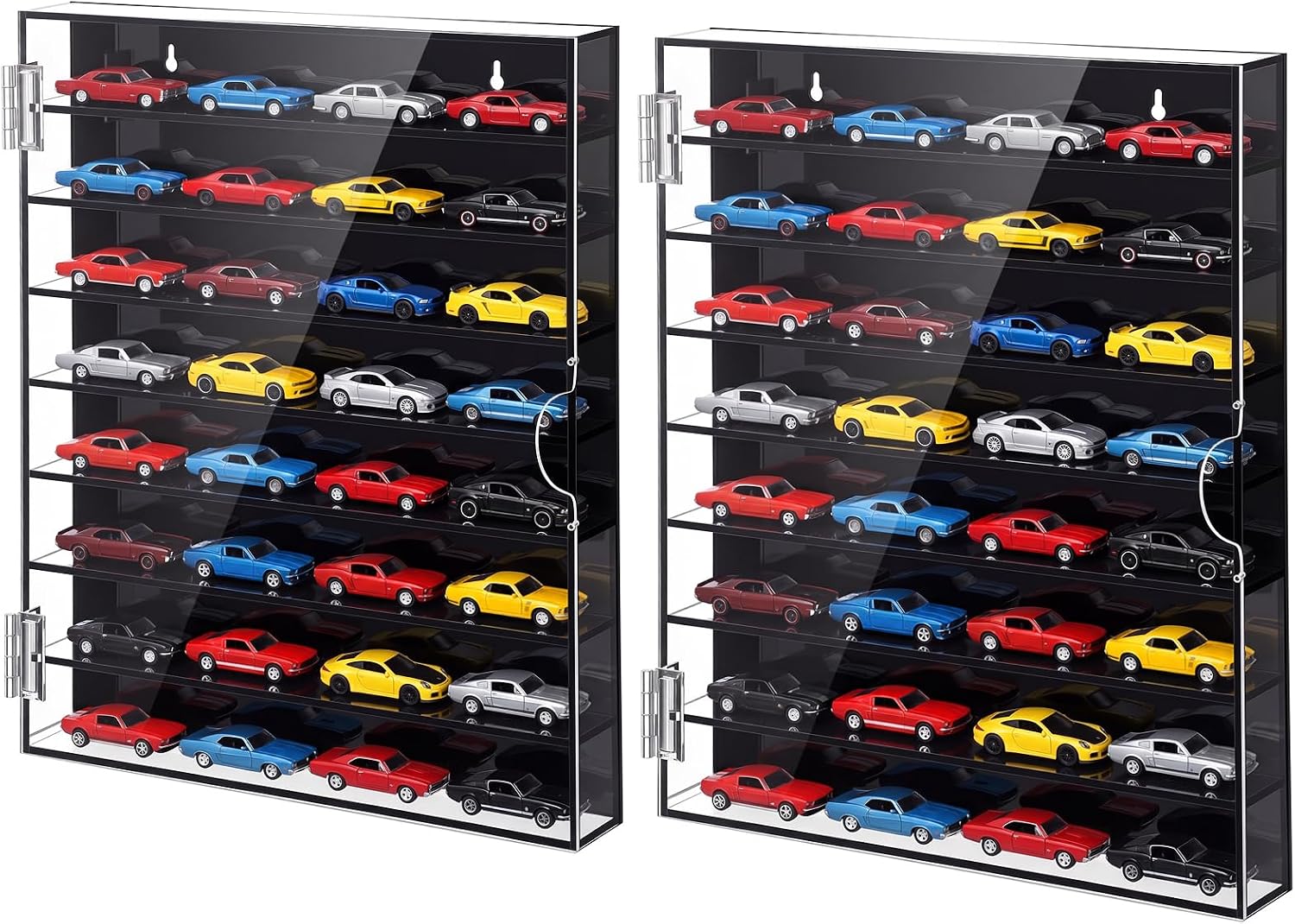 Yalikop 2 Pcs 1/64 Car Display Case 1/64 Scale Toy Cars Wheels Display Shelf Hold up to 64 Cars Black Acrylic Diecast Storage Model Collectors Wall Mount Showcase Desktop Shelf No Assembly Required