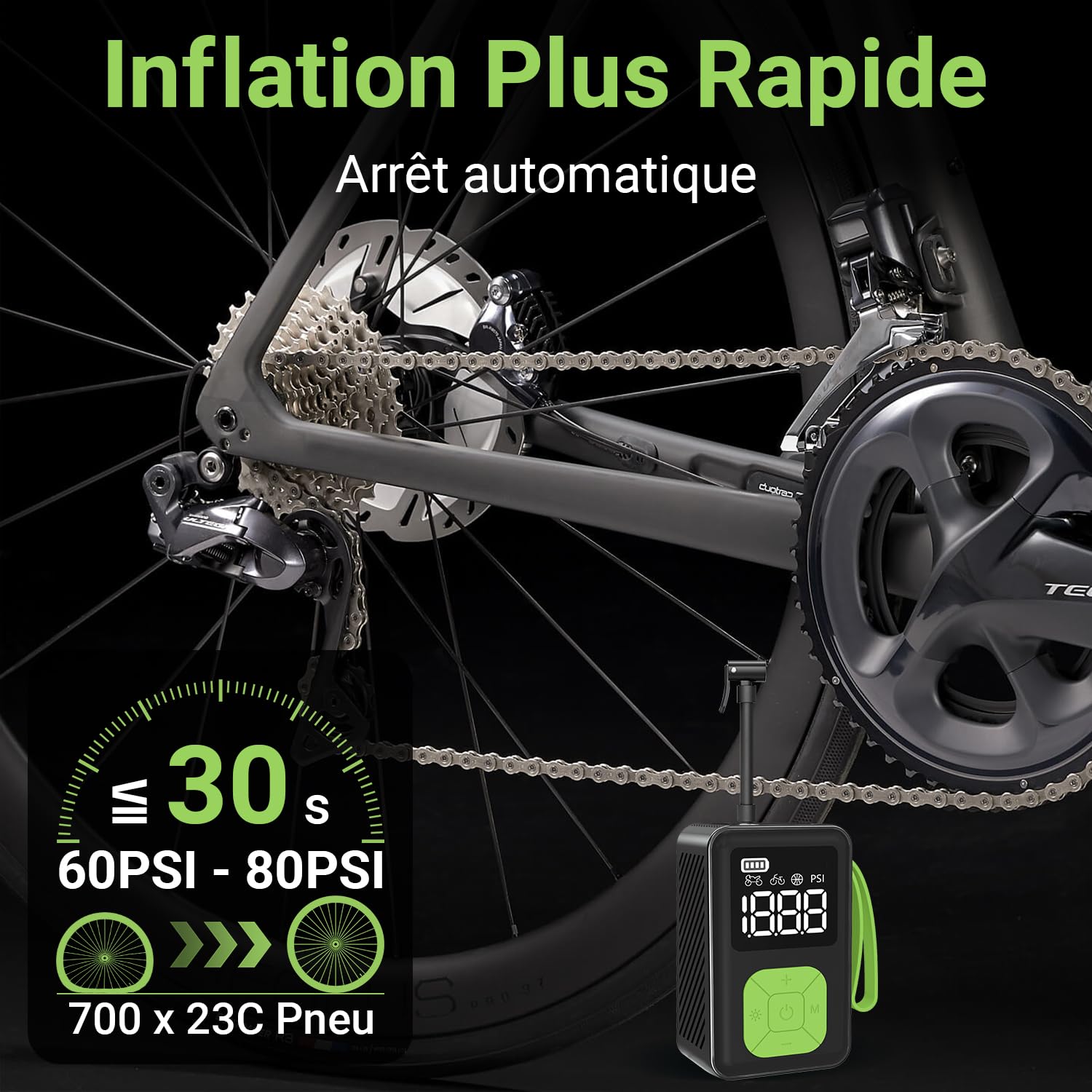 Mini Pompe à Vélo Électrique Portable, Gonfleur sans Fil 150 PSI, Arrêt Automatique, Manomètre & Lumière LED, Compatible Presta et Schrader pour VTT, Vélo de Route, Vélo Électrique et Ballons Sport