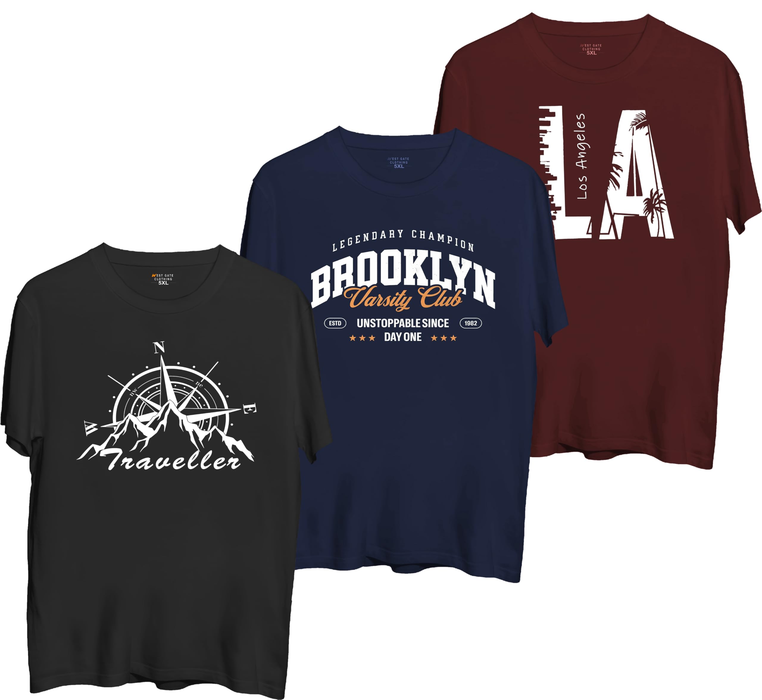 West Gate Clothing Plus Size Cotton T-Shirt for Men | XL, 2XL, 3XL, 4XL, 5XL | Black, Red, White, Blue, Grey Melange | Mens Combo-image-37
