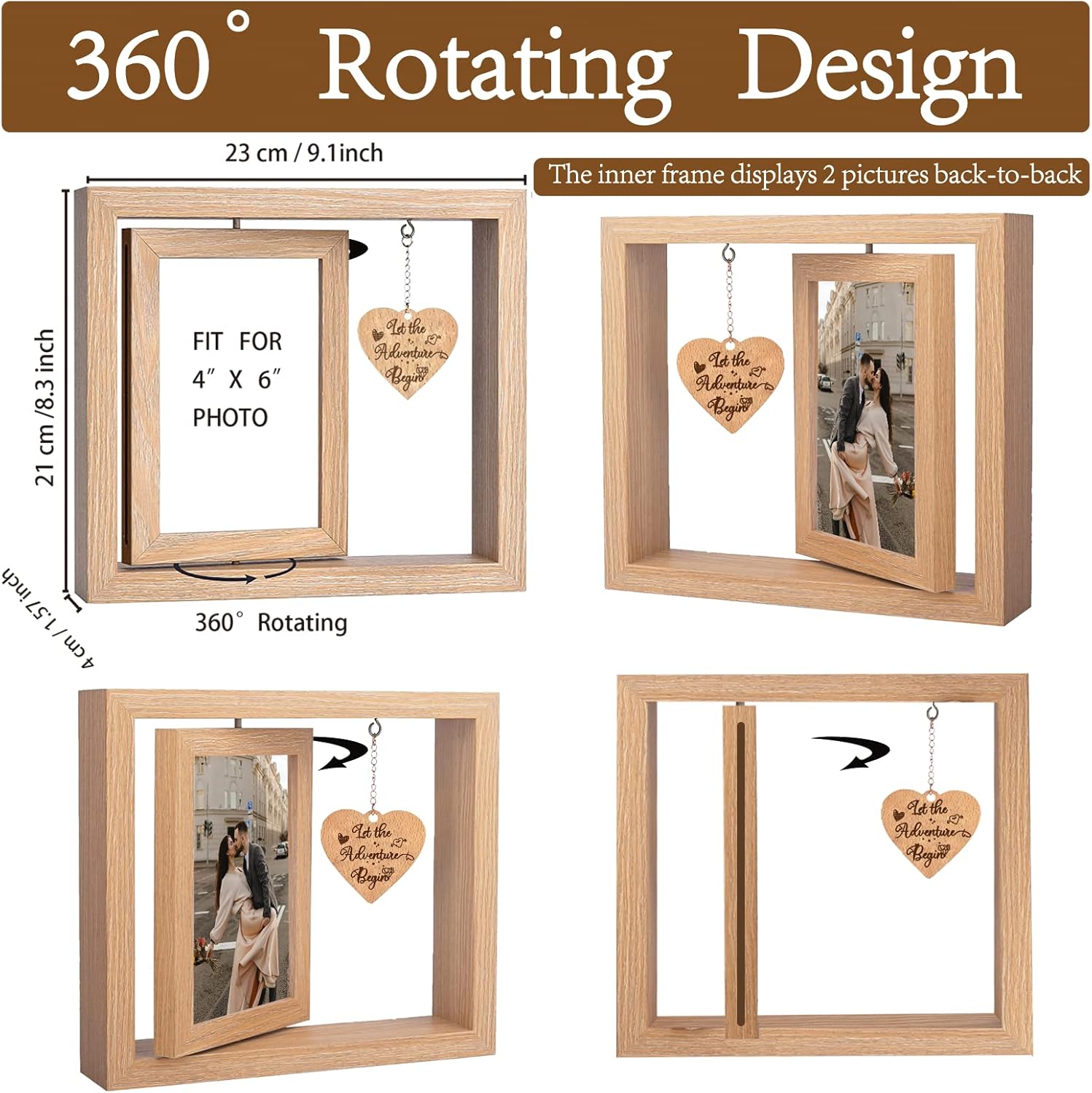Rotating Floating Let the Adventure Begins Picture Frame, Engagement Gifts for Couples, Rustic 4x6 Floating Picture Frames Cool Wedding Bride to Be Bridal Shower Gifts for Couples Unique 2023 (Romantic Engagement Picture Frames) - Image 4