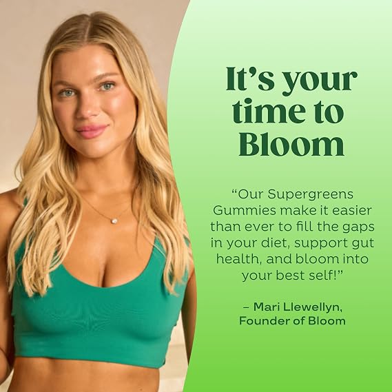 Bloom Super Greens Gummies, Daily Greens Superfood Fiber Gummies with Fruits, Vegetables, Vitamins & Minerals for Digestive & Gut Health, Bloating Support, Strawberry Kiwi, 12 Servings (48 Total)