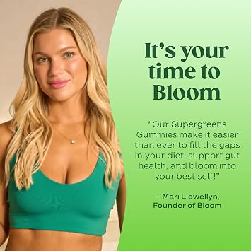 Bloom Super Greens Gummies, Daily Greens Superfood Fiber Gummies with Fruits, Vegetables, Vitamins & Minerals for Digestive & Gut Health, Bloating Support, Strawberry Kiwi, 12 Servings (48 Total)