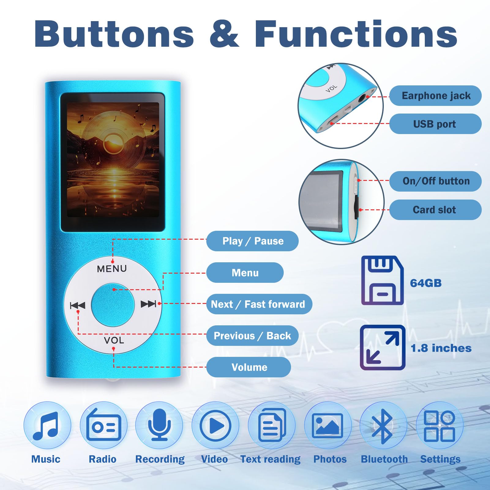 Lettore MP3 MP4 HiFi Portatile Audio Senza Perdita con Schermo LCD da 1,8 Pollici, Slot Scheda di Memoria fino a 32 GB, Lettore Musicale Multifunzione per Sport, Bambini e Viaggio