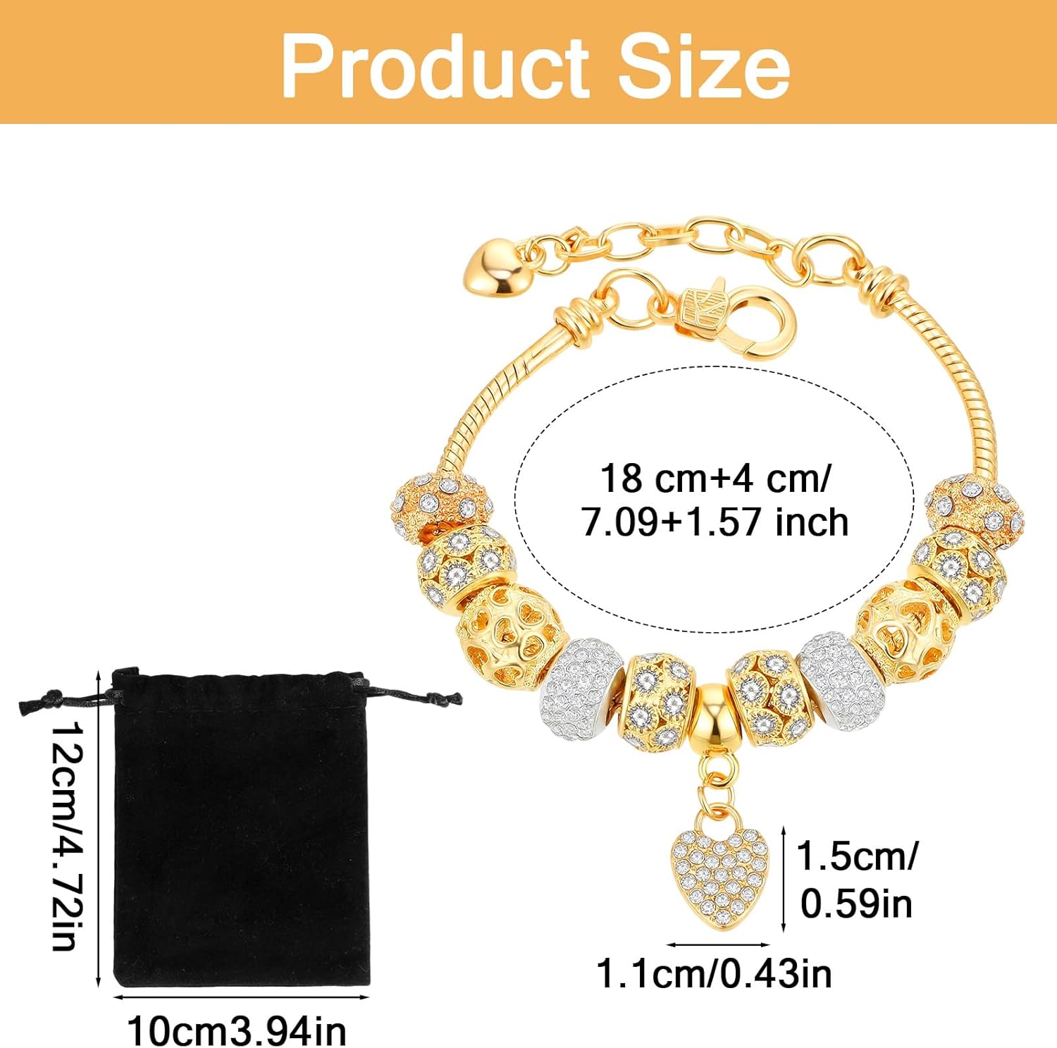 Gold Beads Bracelets Rhinestone Heart Charm Bracelet Luxury Adjustable Bangle for Women Christmas Gifts - Image 2