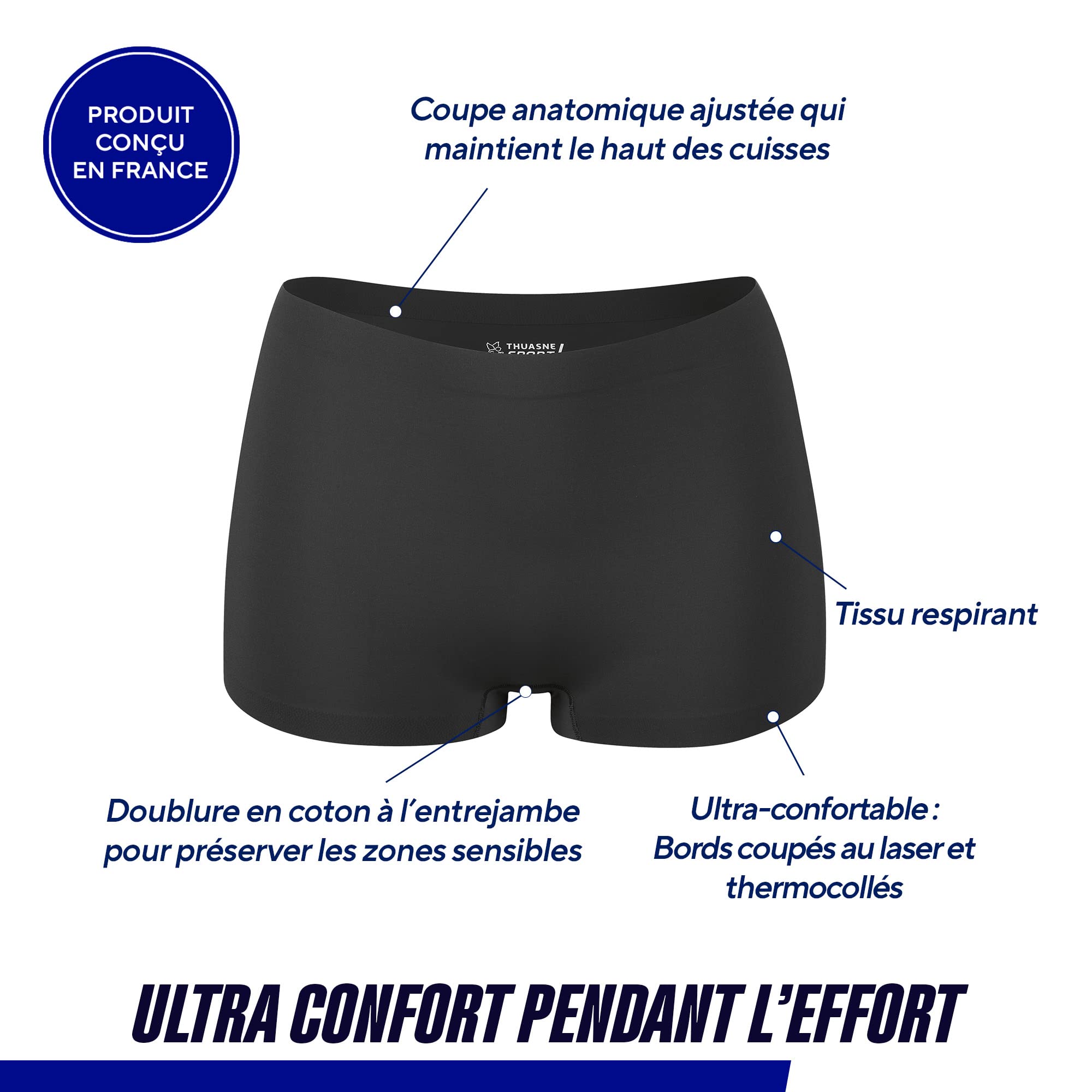 Thuasne - Shorty de Sport Thermoseam - Coutures Plates - Réduction des Frottements - Tissu Aéré - Maintien du Haut des Cuisses - Noir, XS