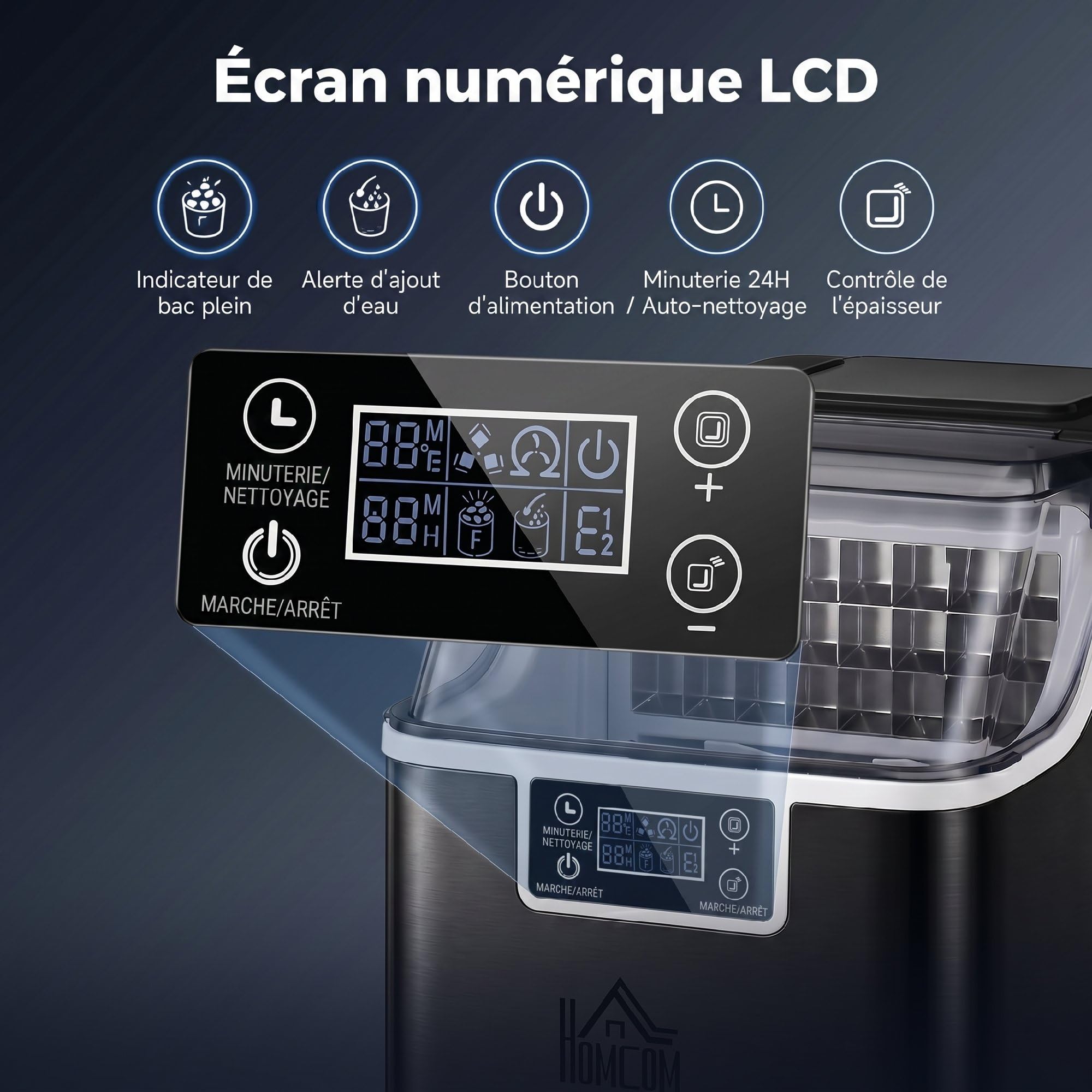 HOMCOM Machine à glaçons, 20 kg en 24h, 24 glaçons en 14-18 min, épaisseur de glaçon réglable, ice maker portable avec fonction autonettoyante, peut charger seau d'eau, pour maison, cuisine, bar, noir