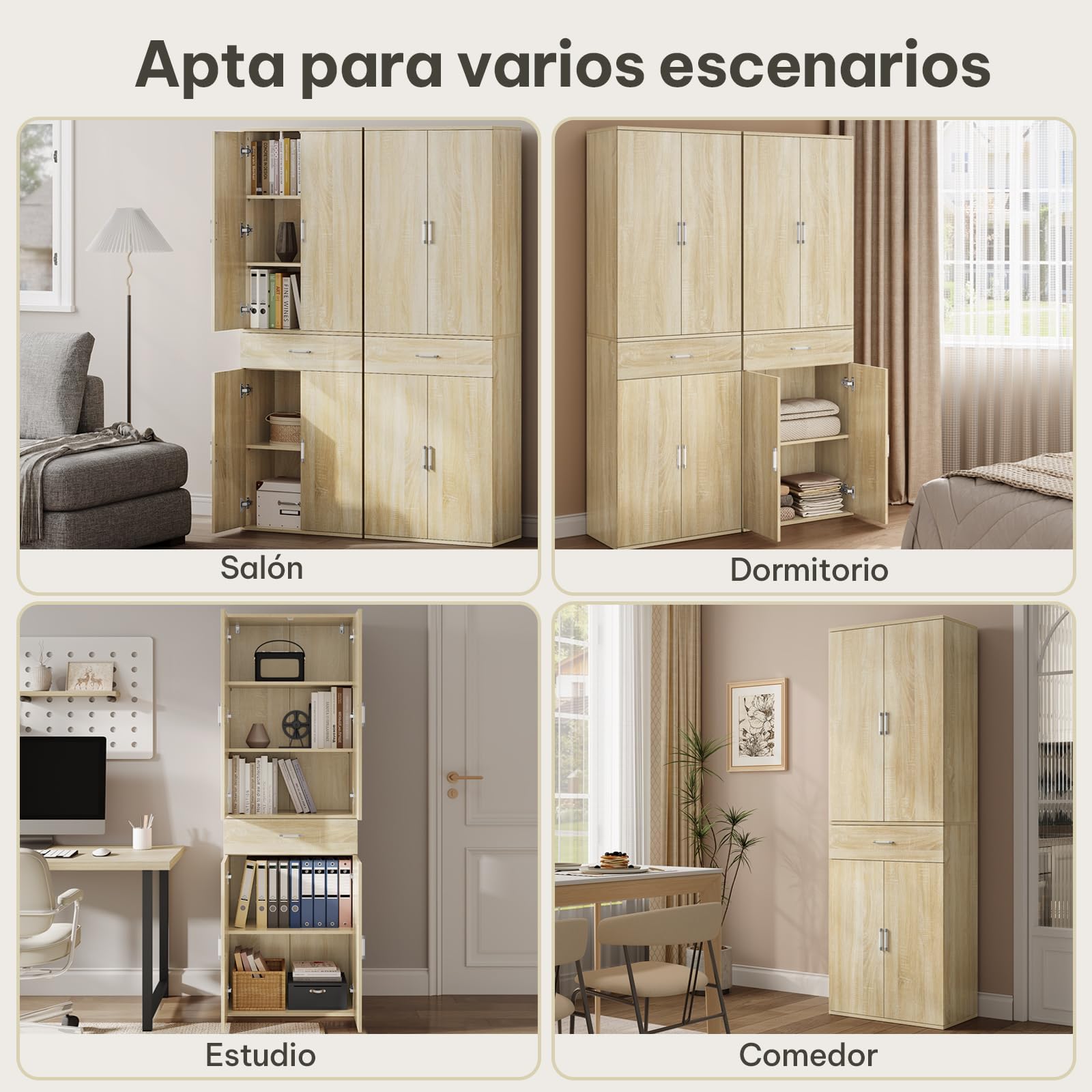 eSituro Armario de Oficina con Puertas, 60x34x180 cm, Roble Claro | Armario de Almacenaje con 1 Cajón y 5 Estantes, Estantes Ajustables