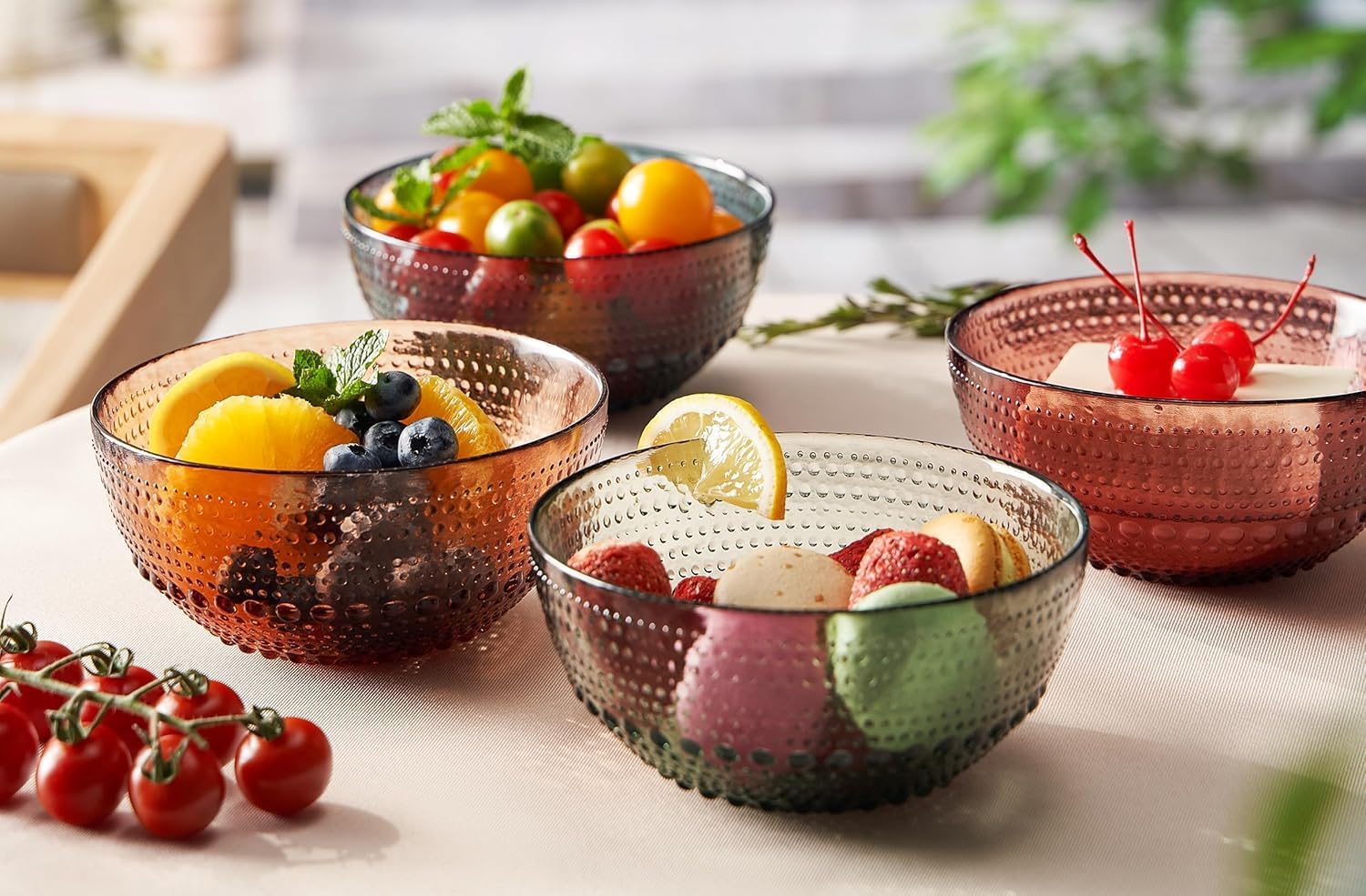 Khen Glass Vintage Hobnail Colored Bowls | Set of 4 | Natural Colors 5.7" - Snack All-Purpose Bowl, Dinner, Cereal, Salad, Dessert, Appetizer Bowl, Fruit, Nuts | Art Deco Hand Wash Housewarming Gift