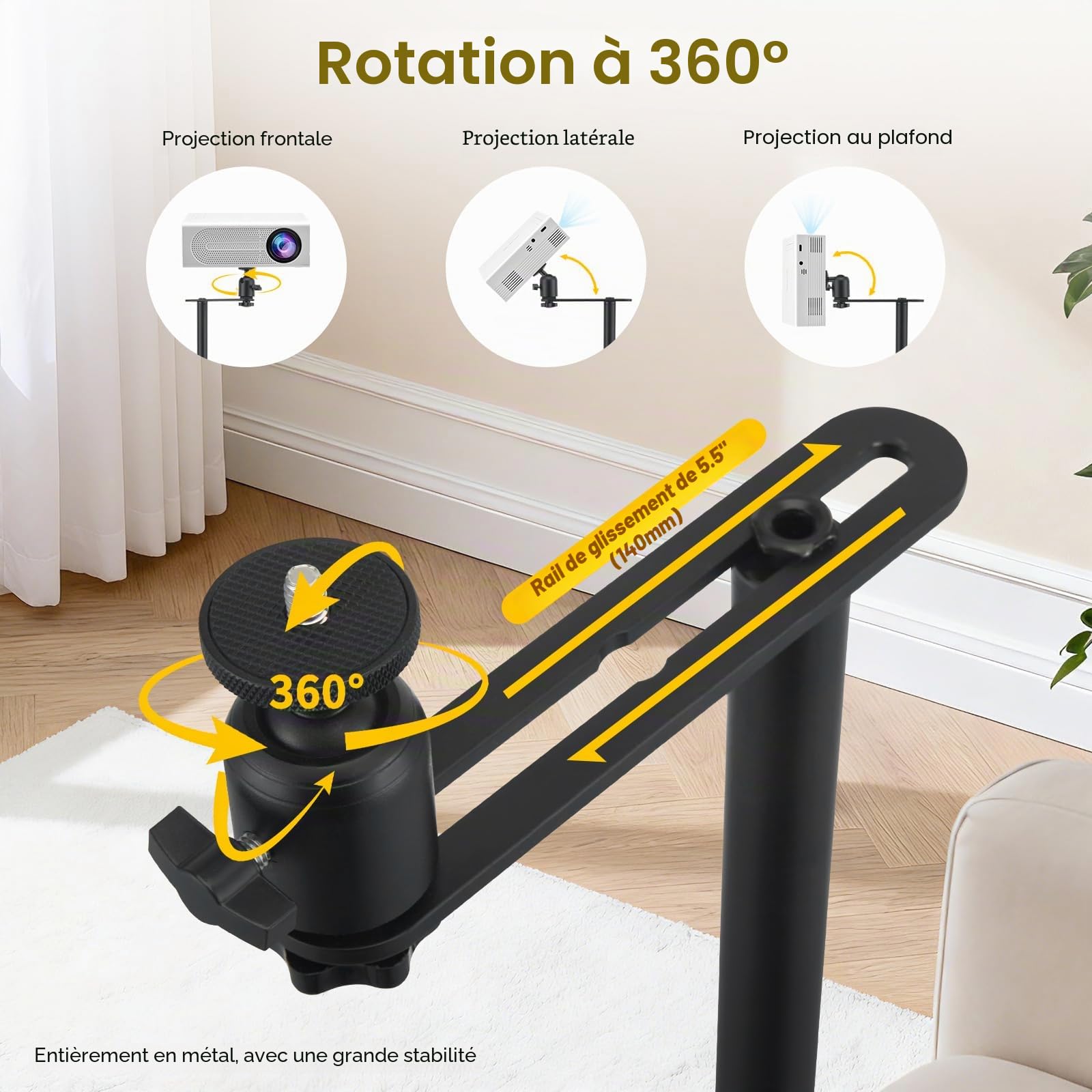 Support pour Vidéoprojecteur, Pied avec Rotation 360°, Derrière Canapé Contre le Mur, Charge 5kg, Hauteur Réglable 30-130cm, Projector Stand pour Maison, Bureau, Extérieur