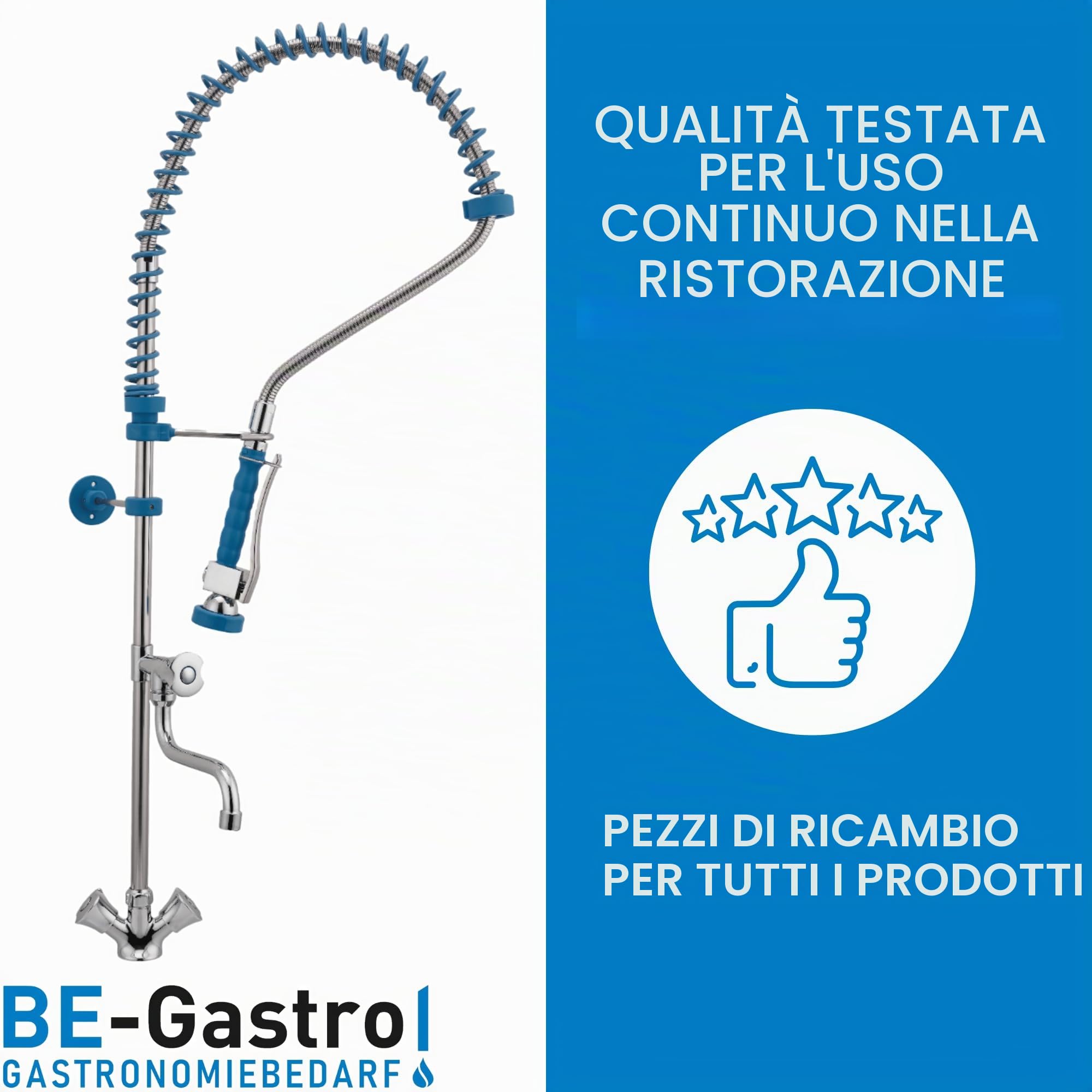 BE-GASTRO | Rubinetto professionale set di prelavaggio stoviglie per cucine di ristoranti Gruppo doccia con miscelatore monoforo, con manopole multigiro e Rubinetteria di servizio